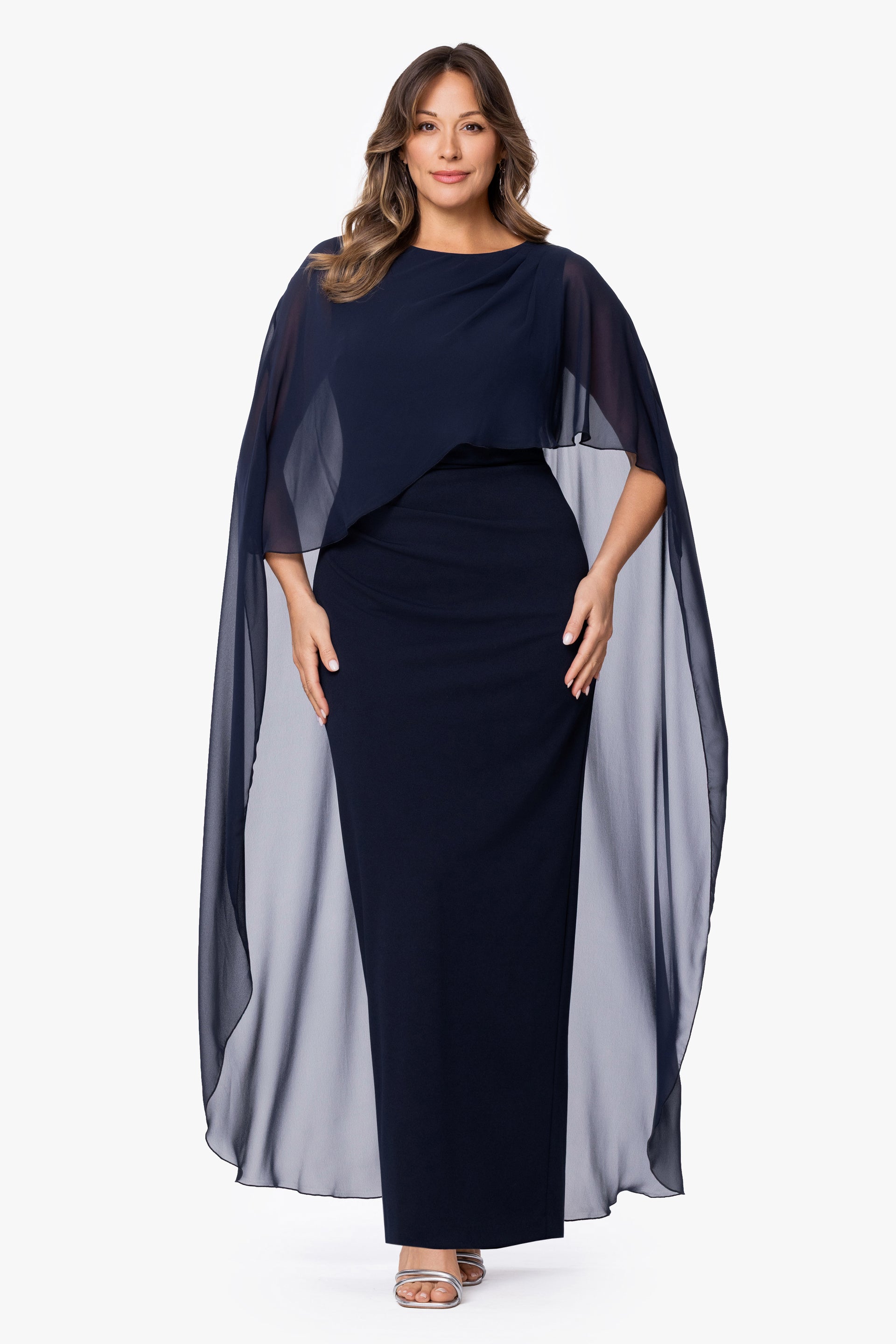 Plus "Gwenyth" Scuba Crepe & Chiffon Cape Dress