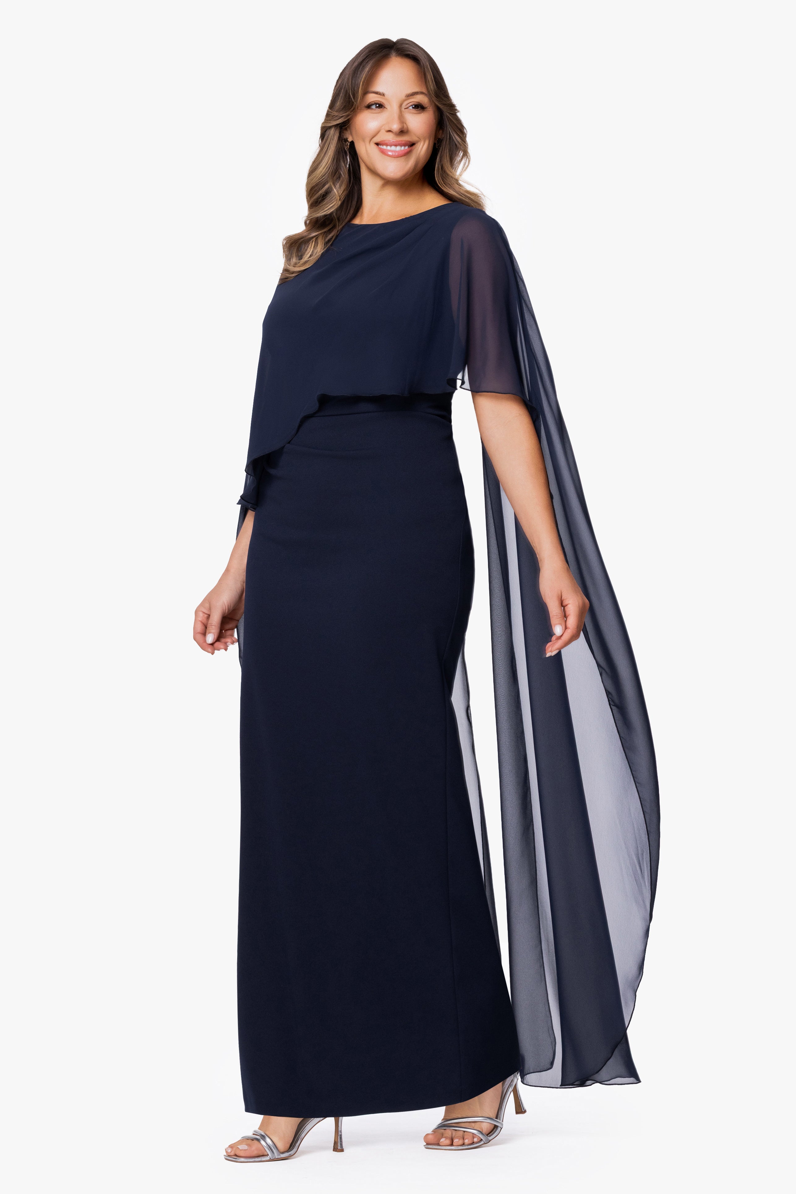 Plus "Gwenyth" Scuba Crepe & Chiffon Cape  Dress