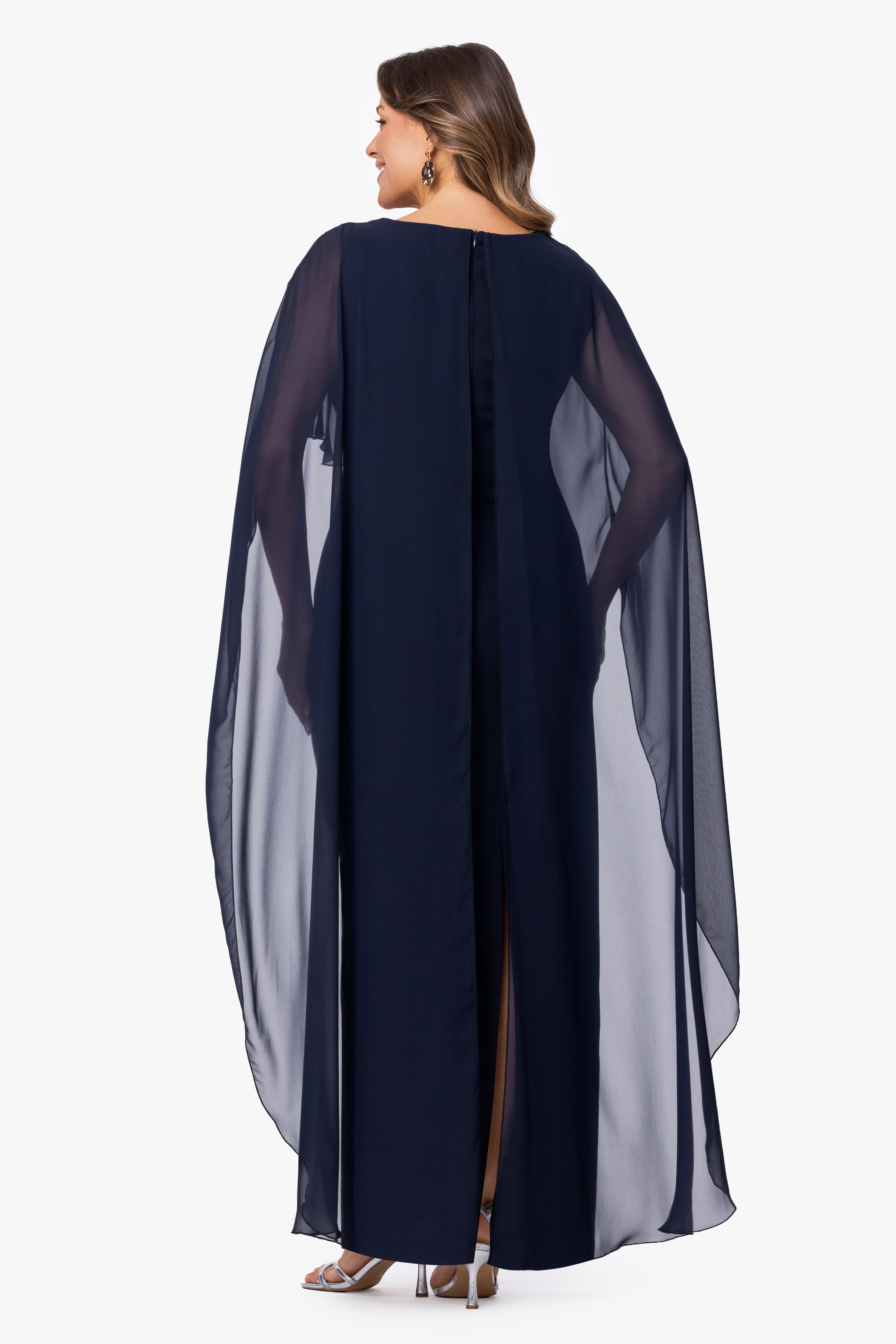 Plus "Gwenyth" Scuba Crepe & Chiffon Cape  Dress