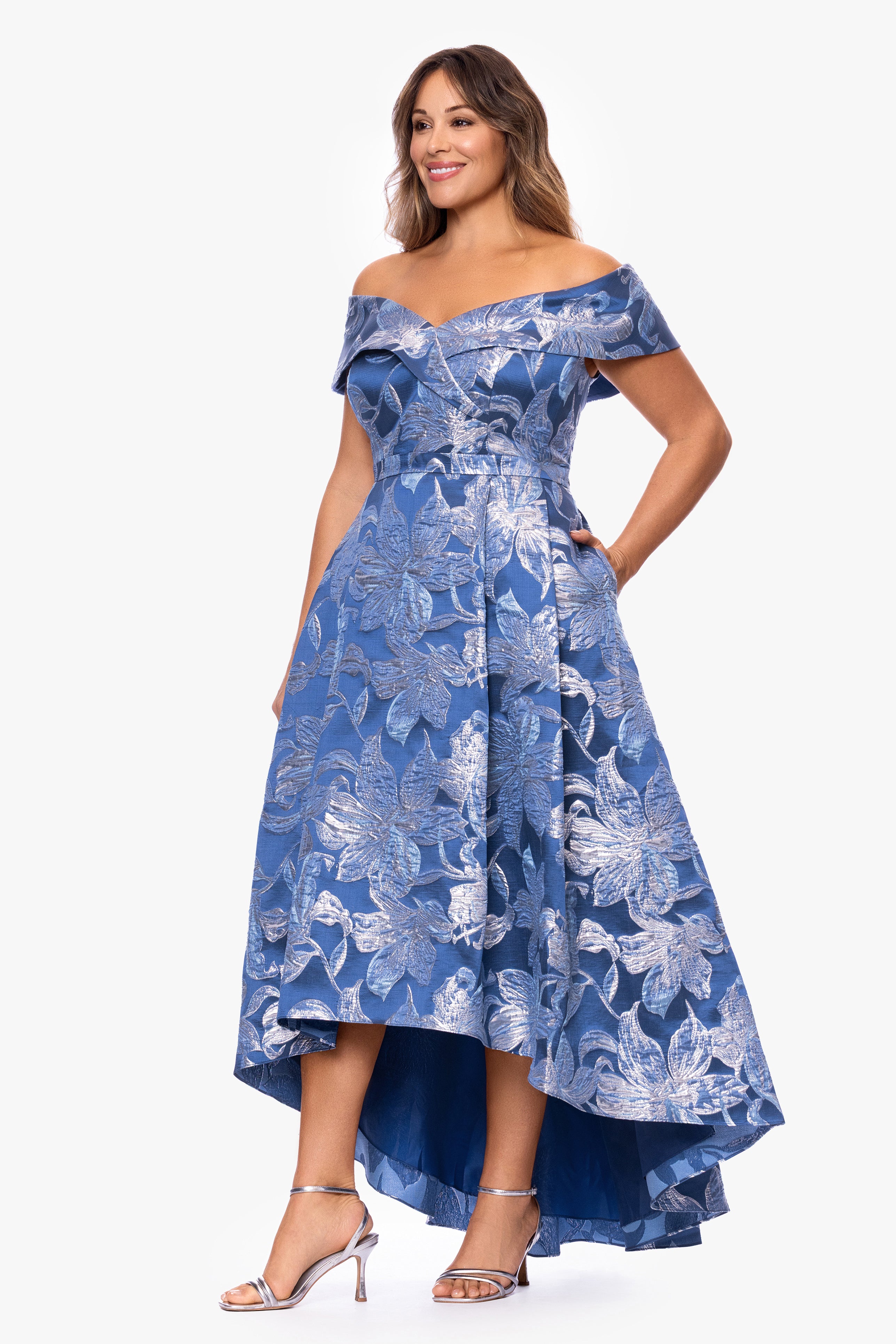 Plus "Matilda" Brocade Off The Shoulder High Low Floor Length Dress