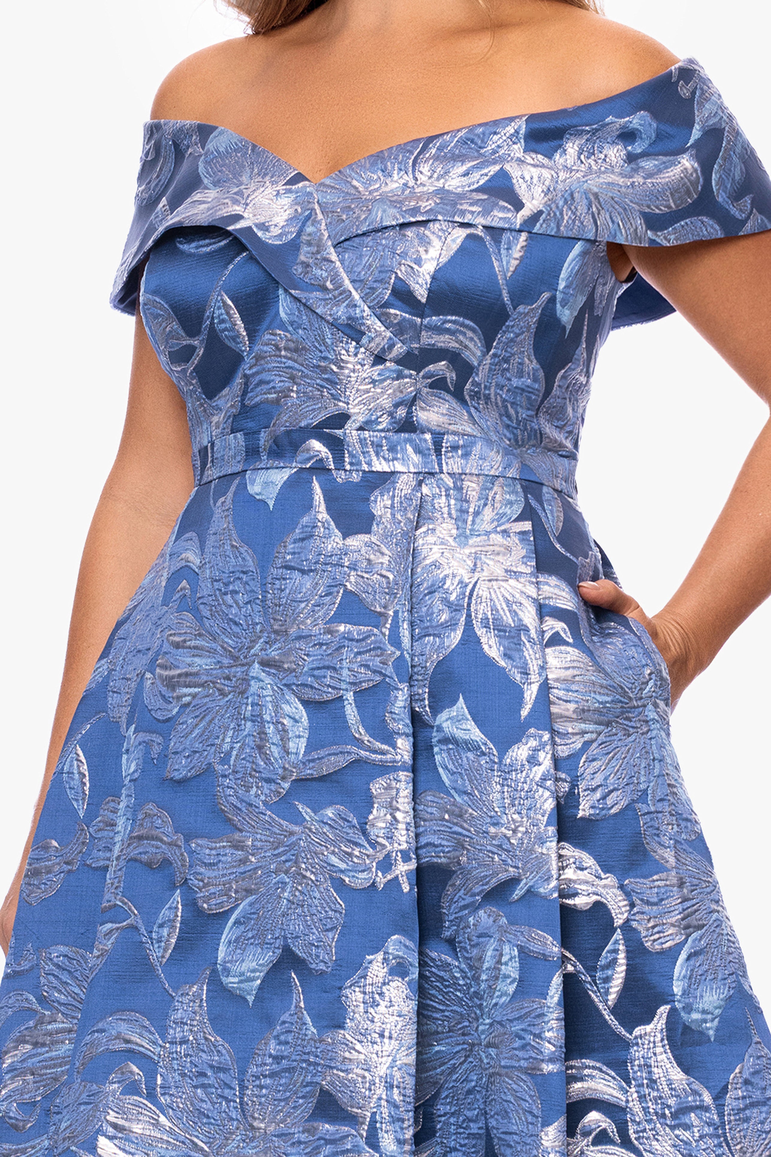 Plus "Matilda" Brocade Off The Shoulder High Low Floor Length Dress