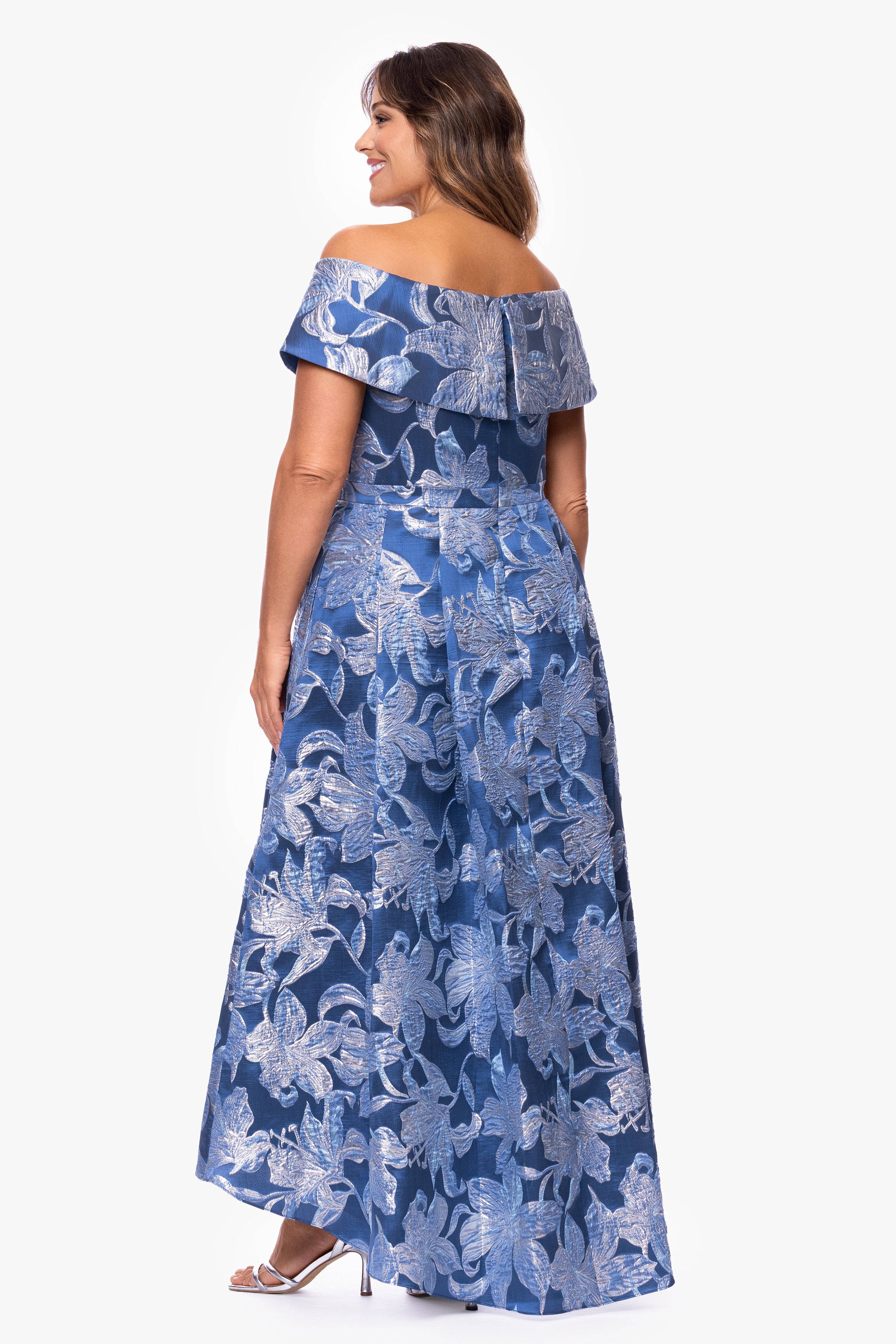 Plus "Matilda" Brocade Off The Shoulder High Low Floor Length Dress