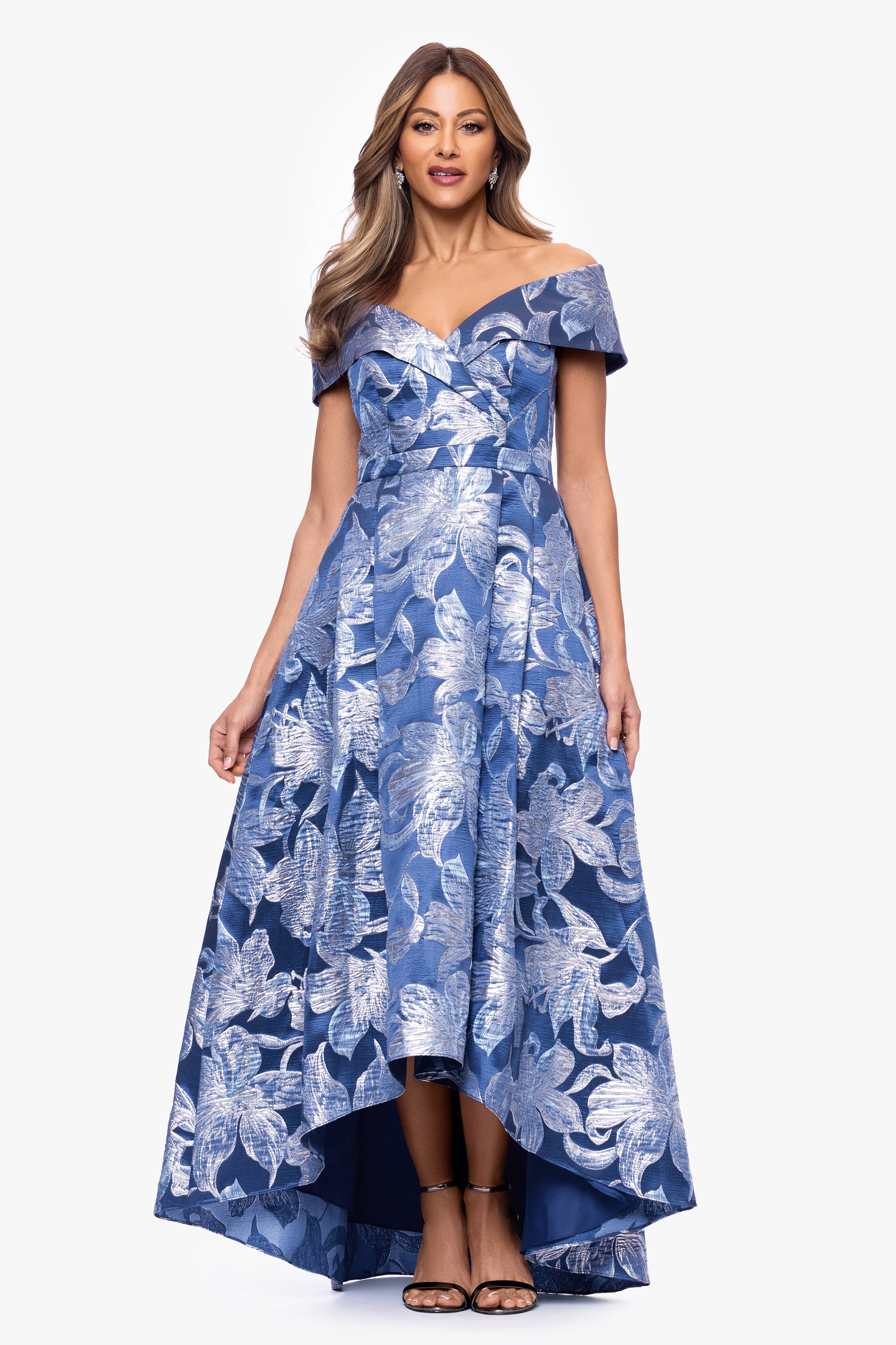 "Matilda" Brocade Off The Shoulder High Low Floor Length Dress