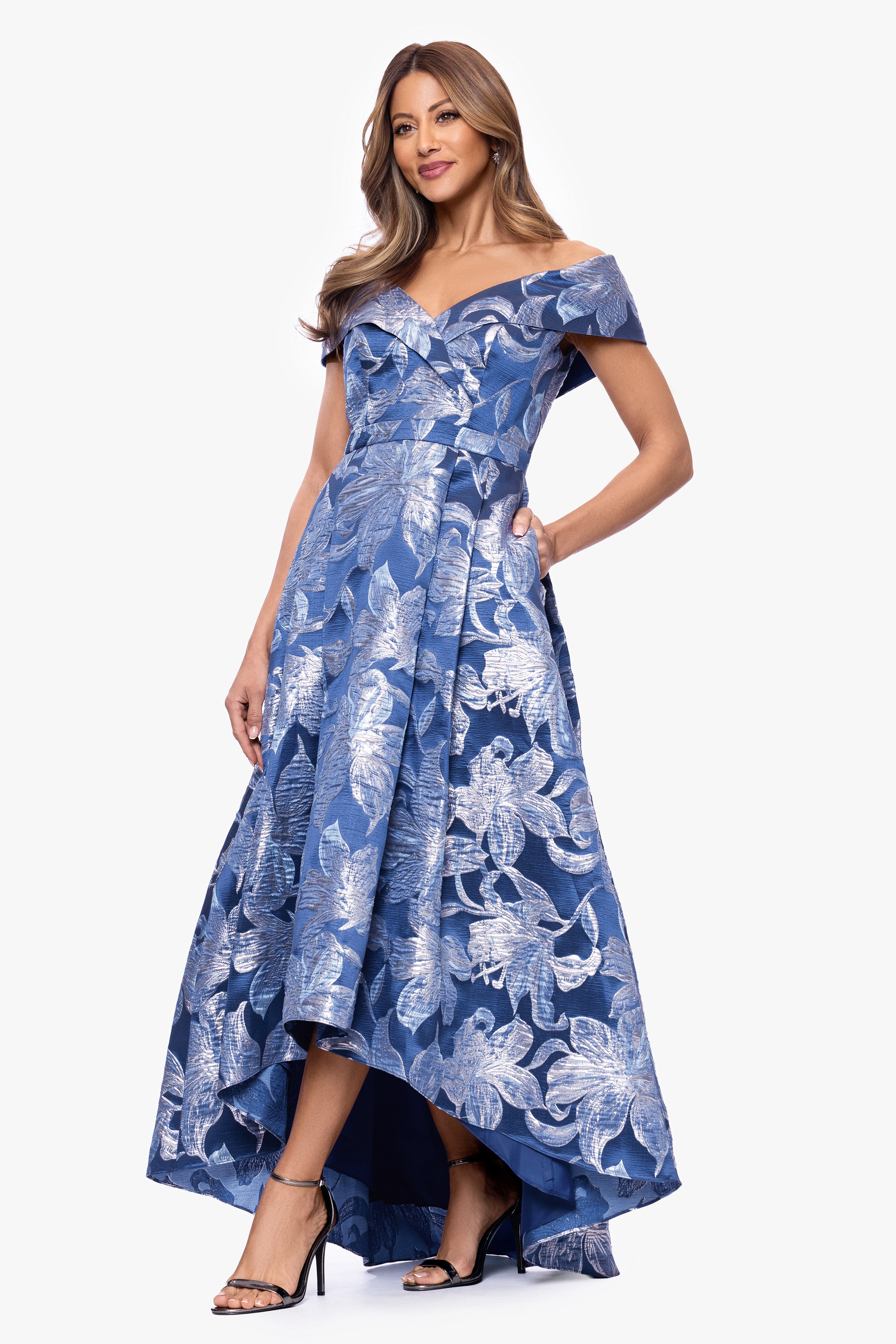 "Matilda" Brocade Off The Shoulder High Low Floor Length Dress