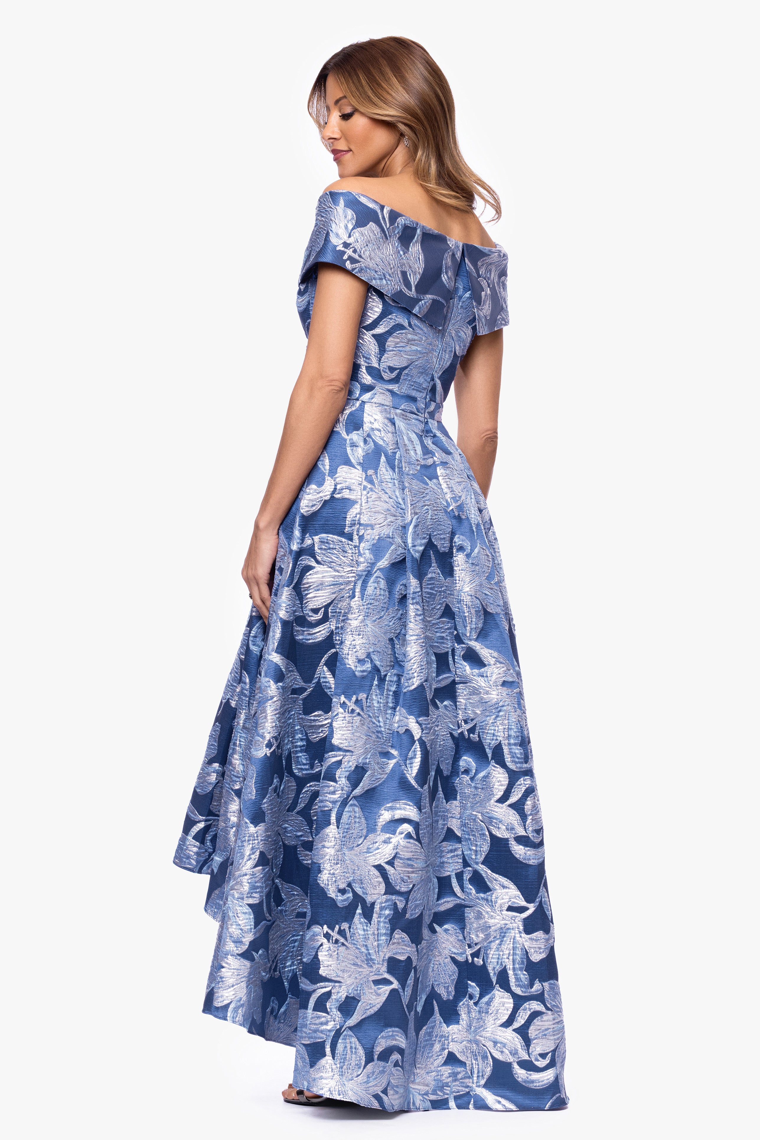 "Matilda" Brocade Off The Shoulder High Low Floor Length Dress