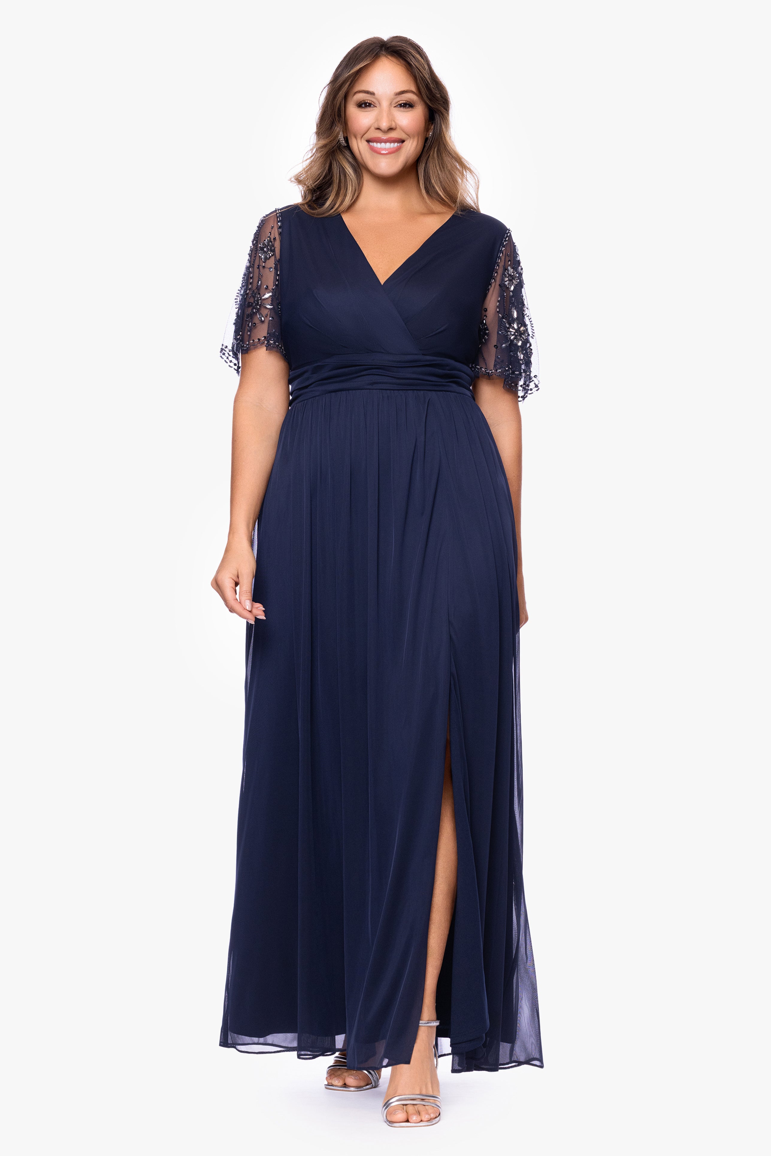 Plus "Aurelia" Sheer Jersey Mesh Beaded Sleeve Floor Length Dress