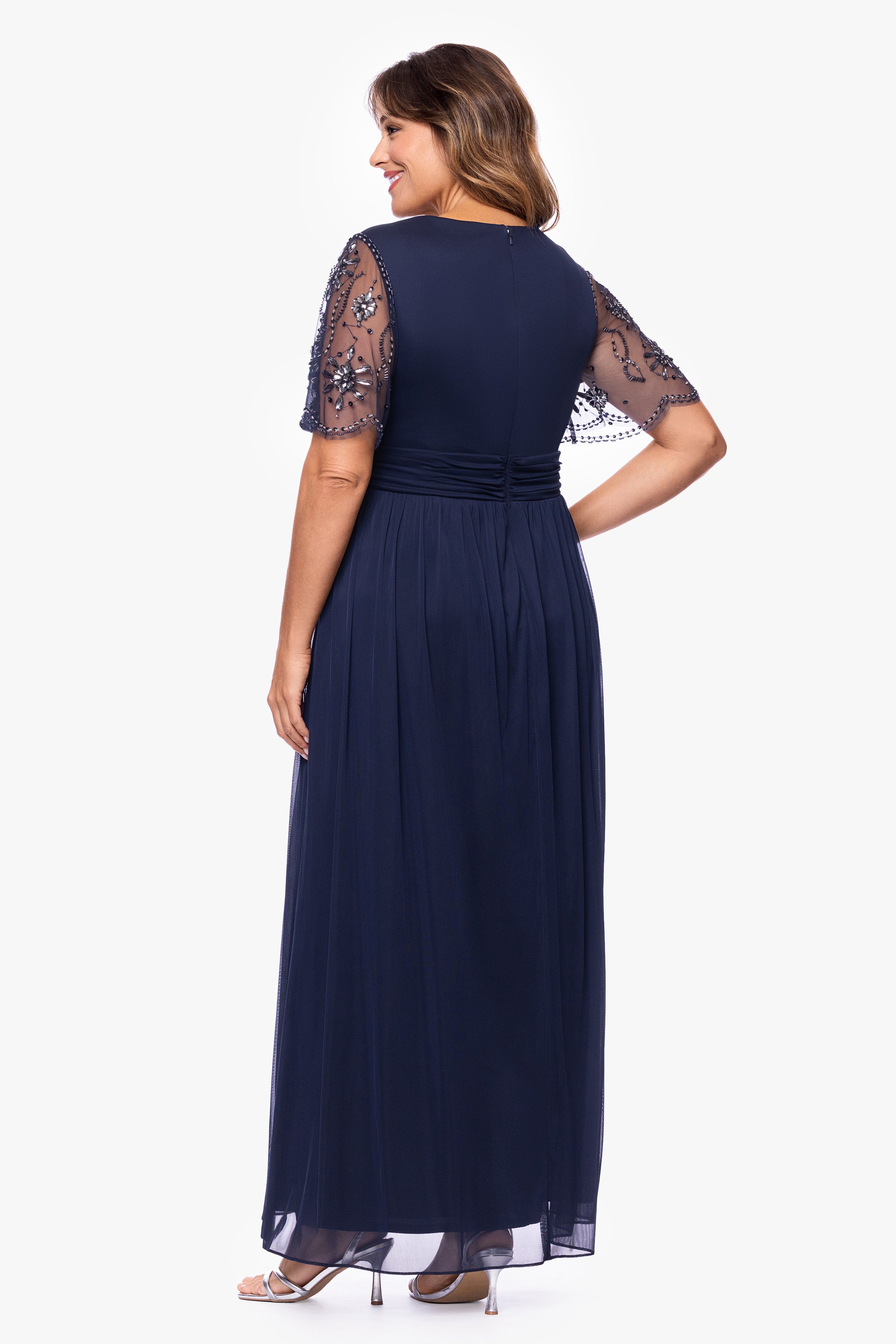 Plus "Aurelia" Sheer Jersey Mesh Beaded Sleeve Floor Length Dress
