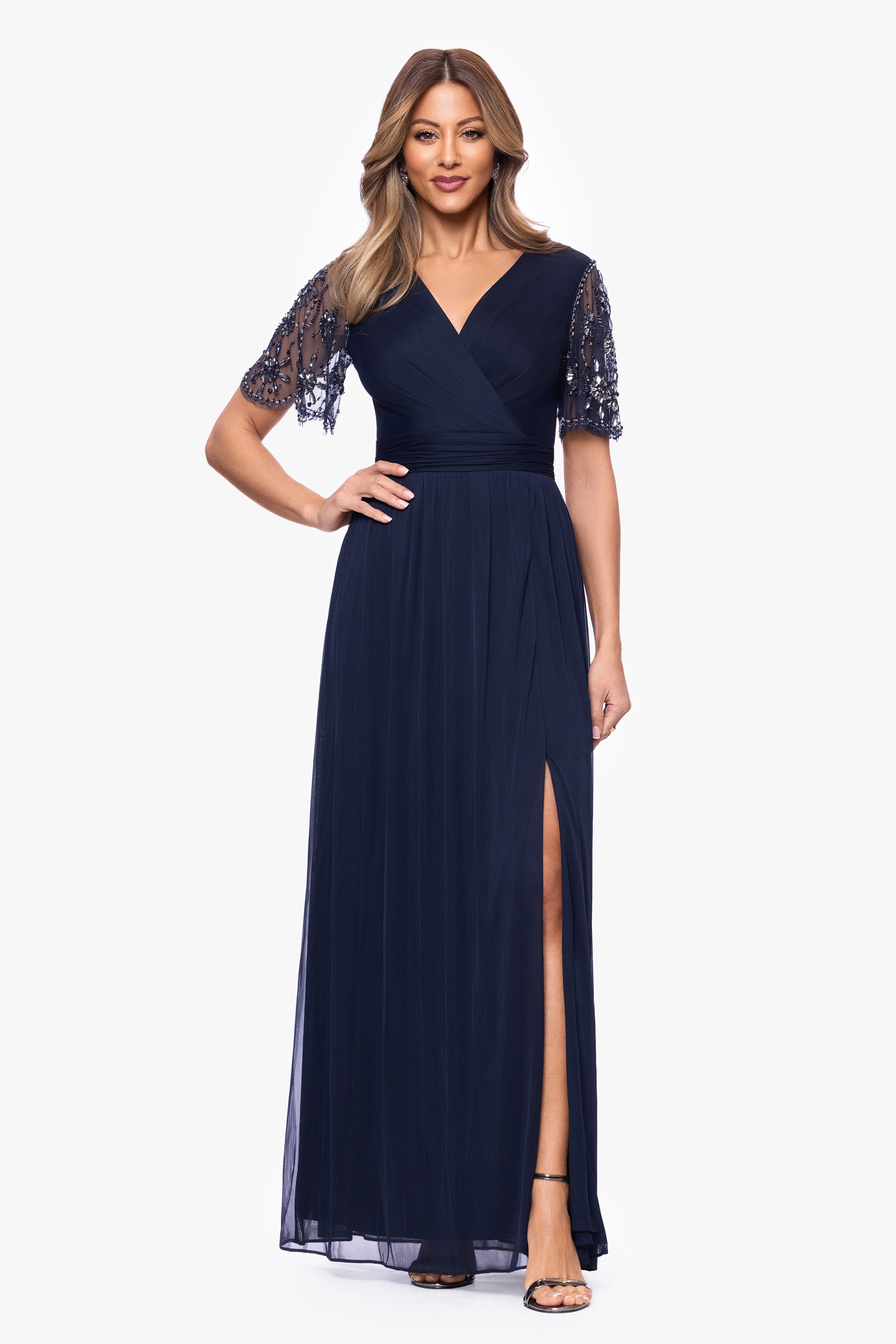 "Aurelia" Sheer Jersey Mesh Beaded Sleeve Floor Length Dress