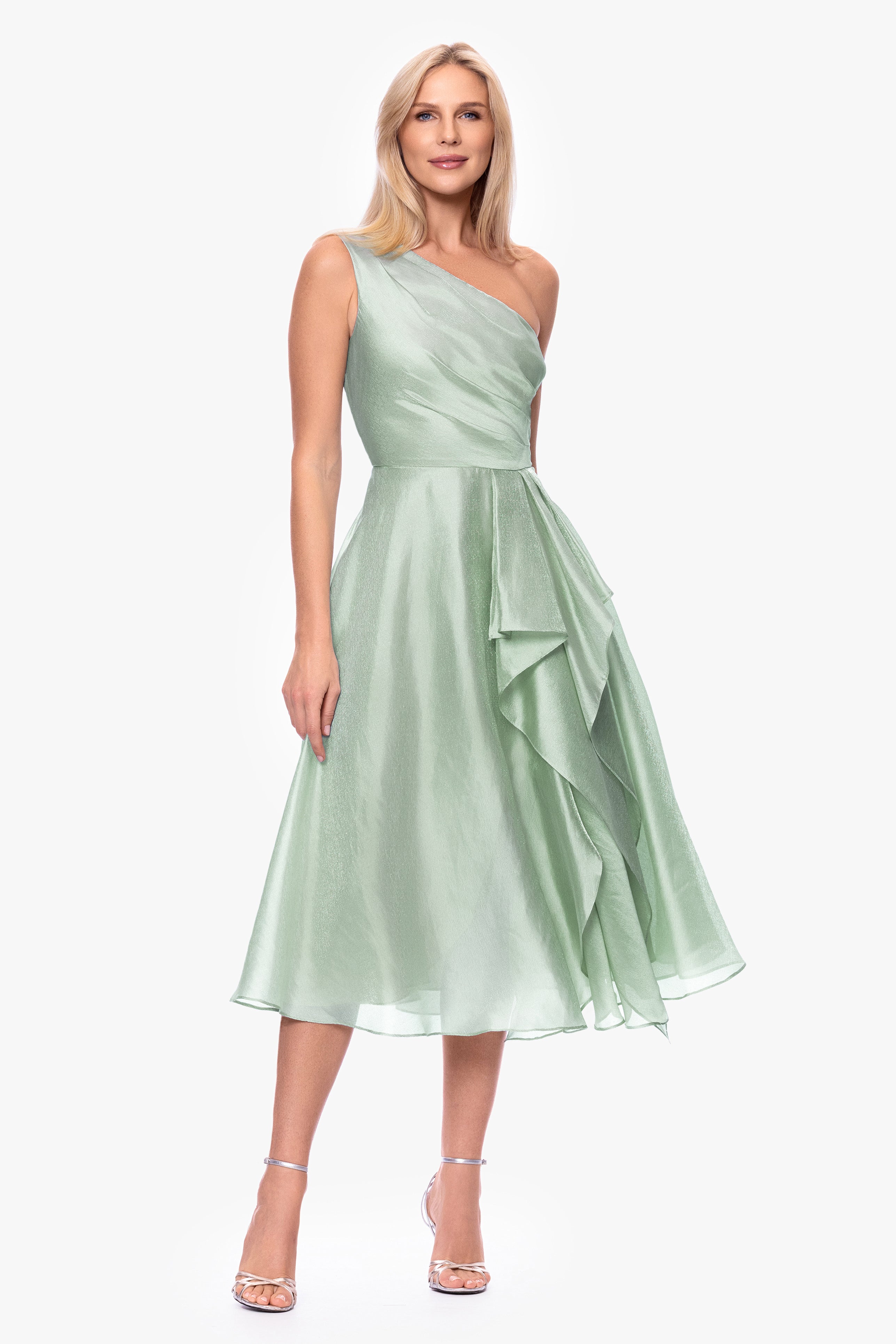 "Keira" Metallic Organza One Shoulder Midi Dress