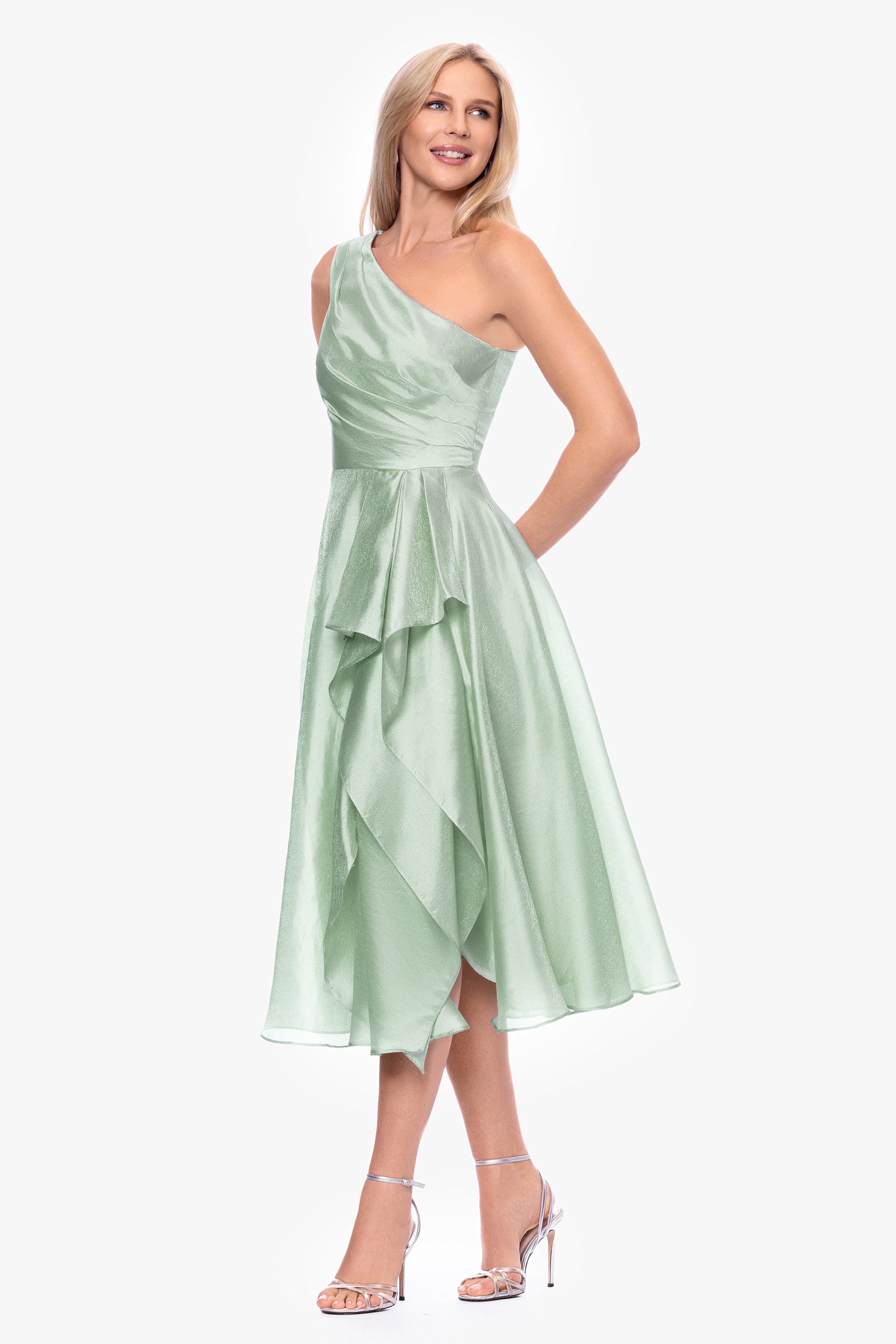 "Keira" Metallic Organza One Shoulder Midi Dress