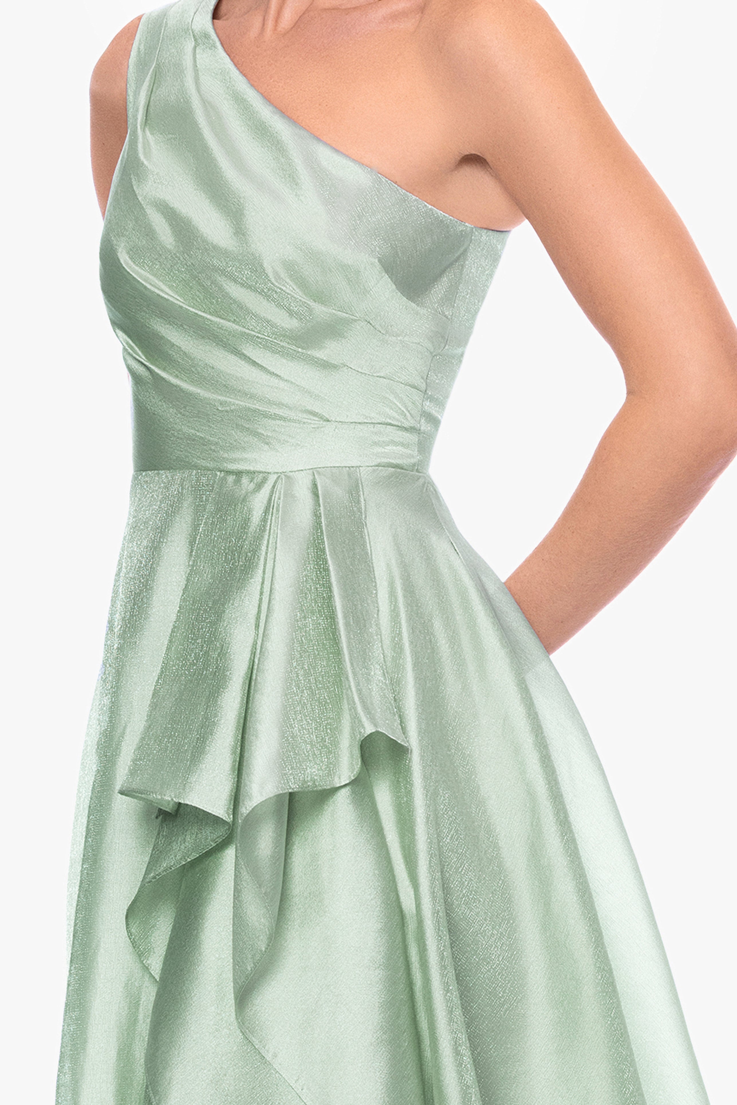 green metallic one shoulder dress Shimmer Metallic One Shoulder Gown - Green