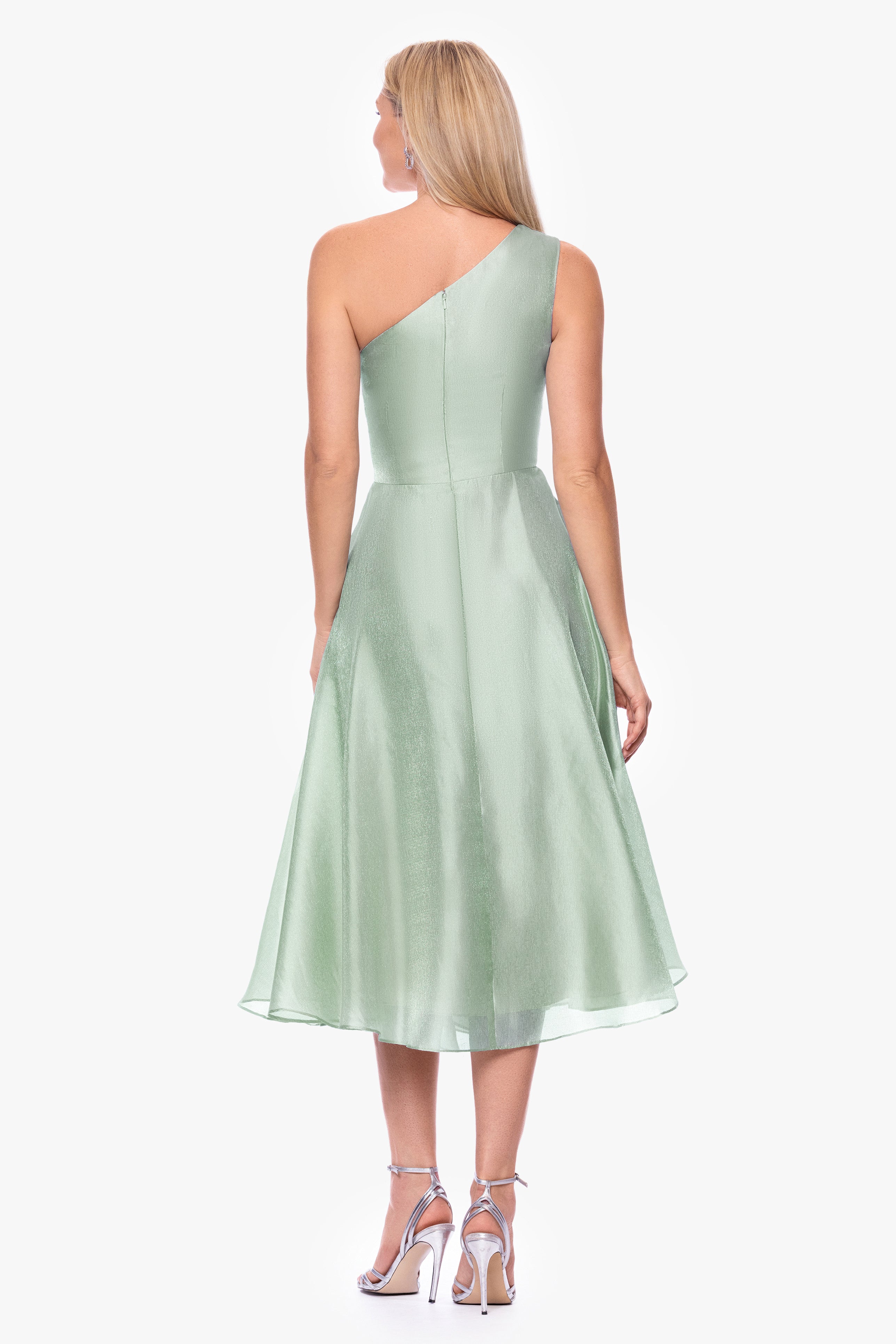 "Keira" Metallic Organza One Shoulder Midi Dress