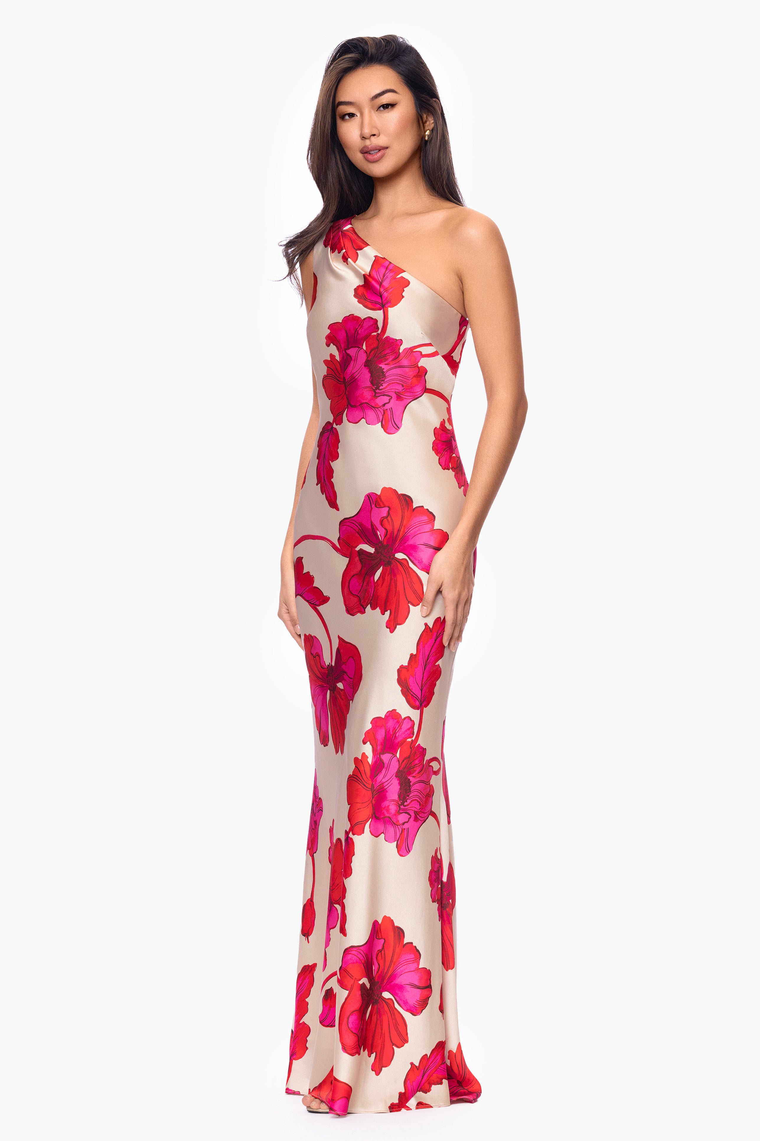 Petite "Mira" Satin One Shoulder Sash Dress