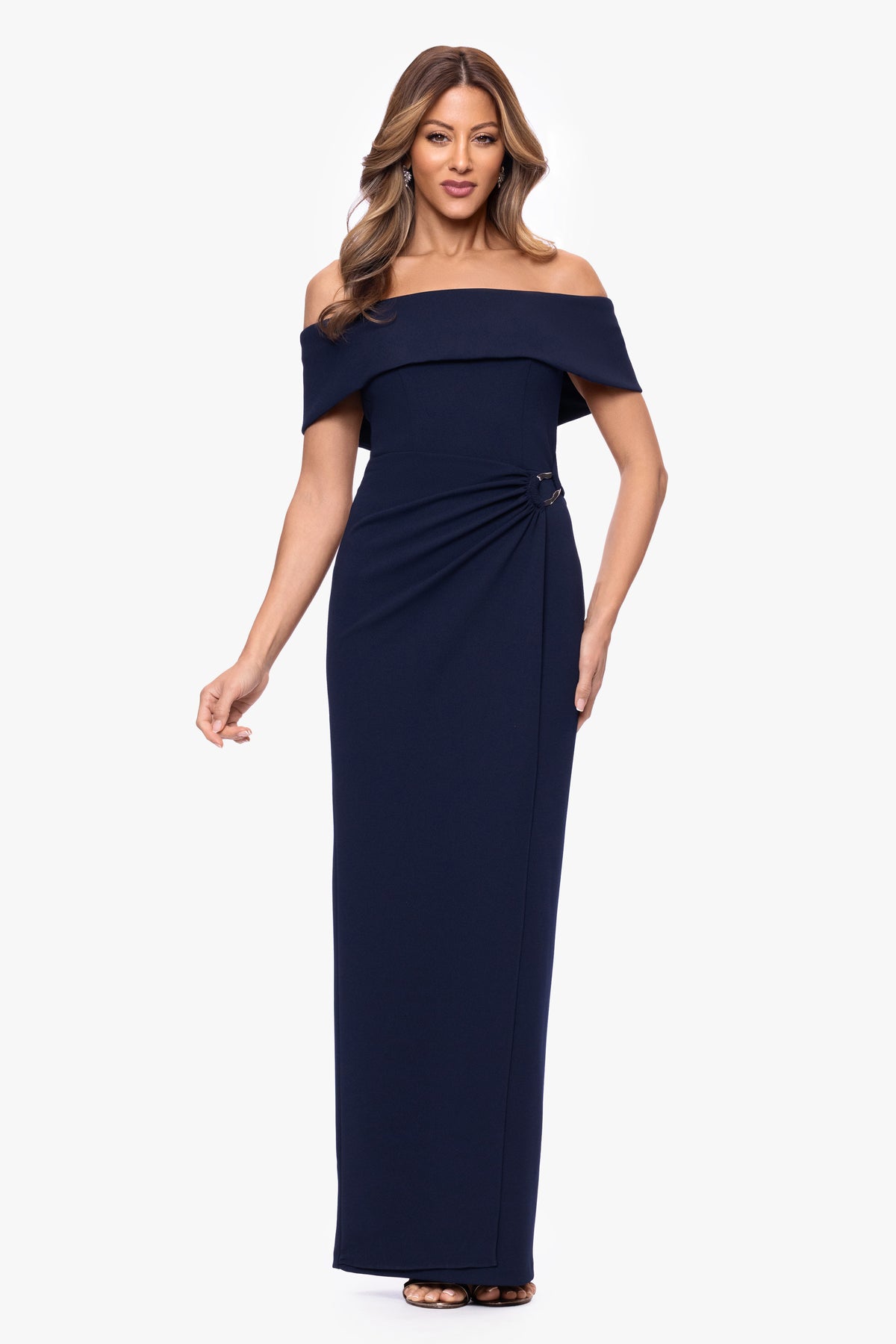 "Devon" Scuba Crepe Off Shoulder Detail Waist Dress