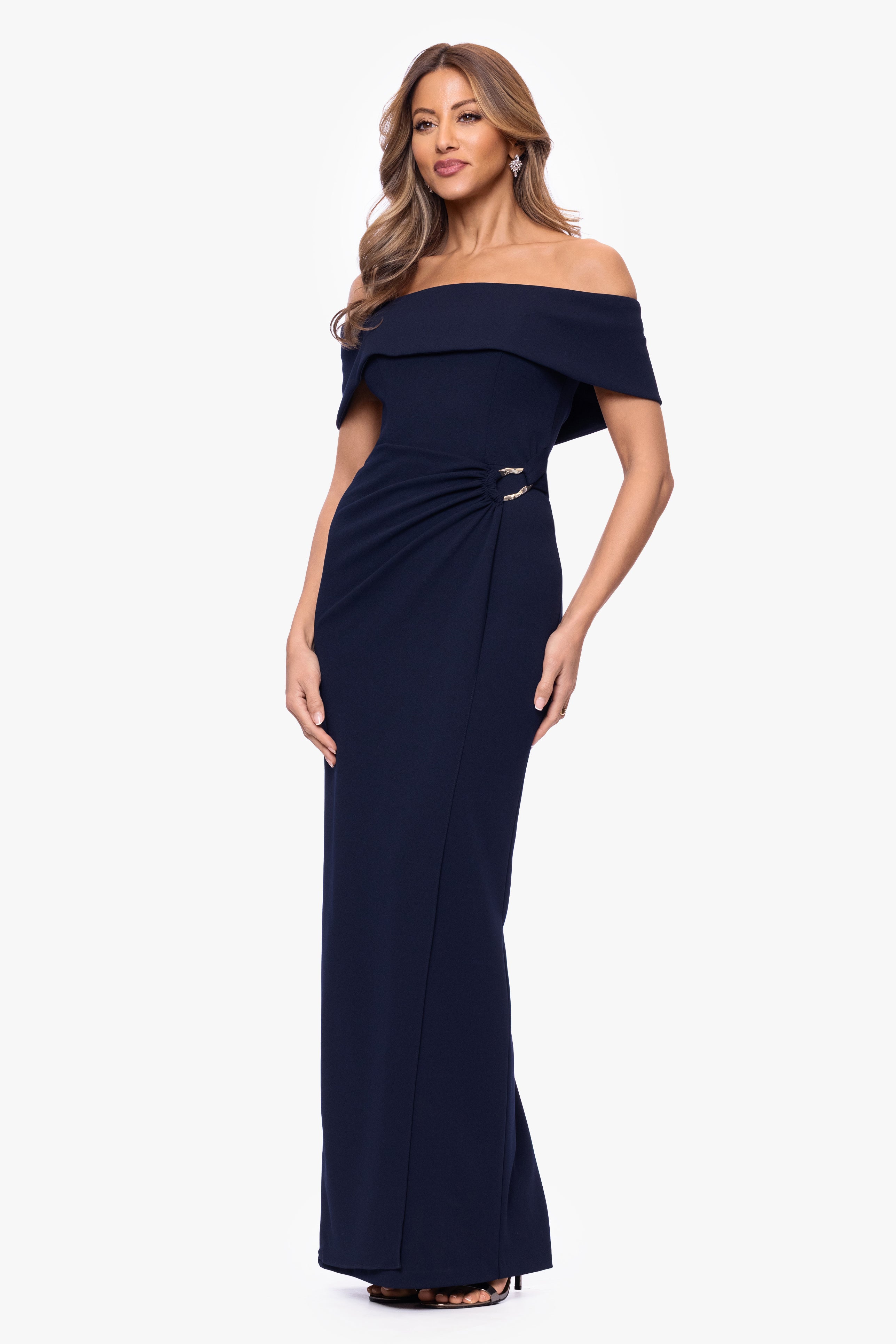"Devon" Scuba Crepe Off The Shoulder Gold Detail Waist Dress