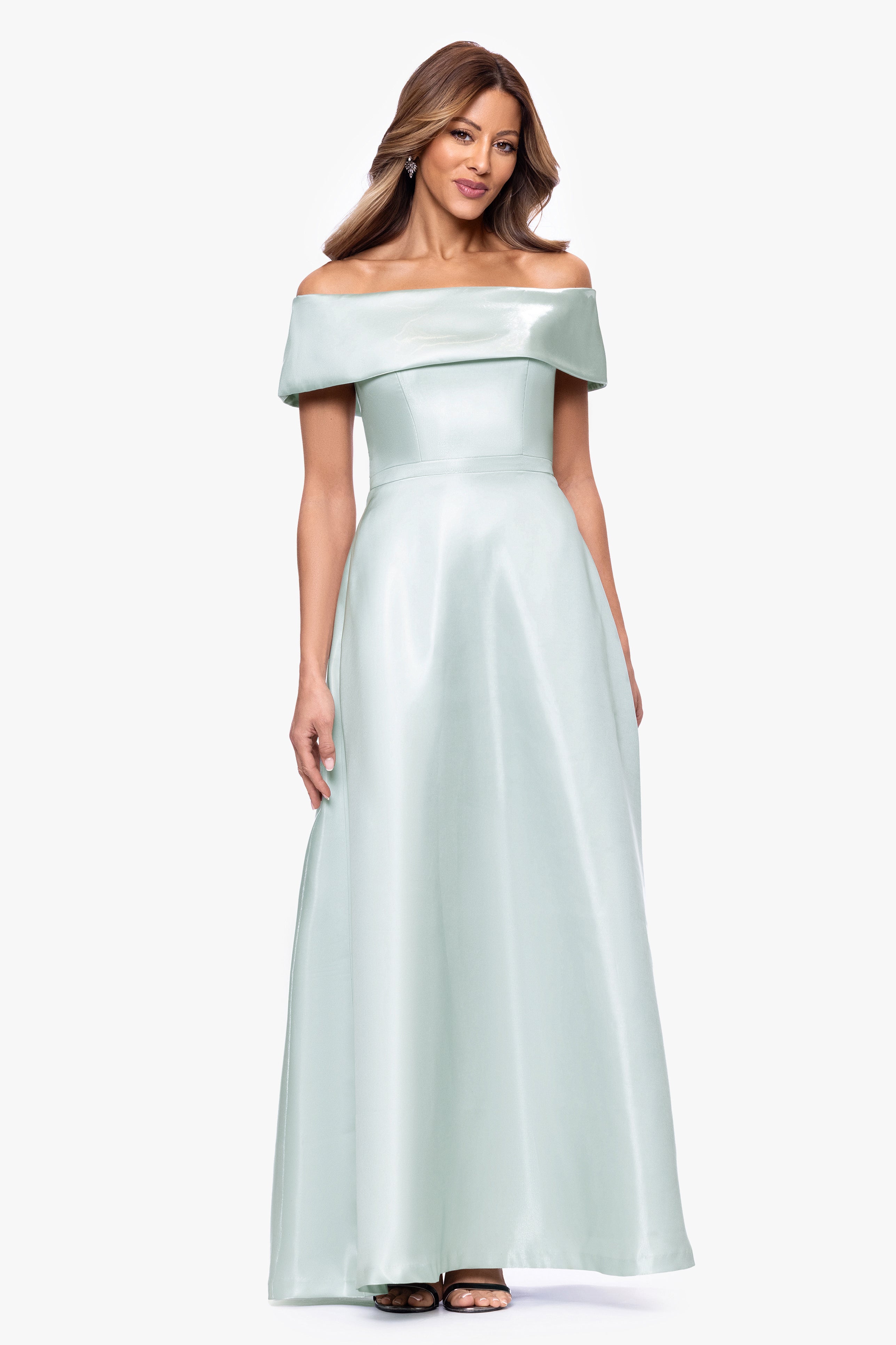 "Helena" Mikado Off The Shoulder Floor Length Dress
