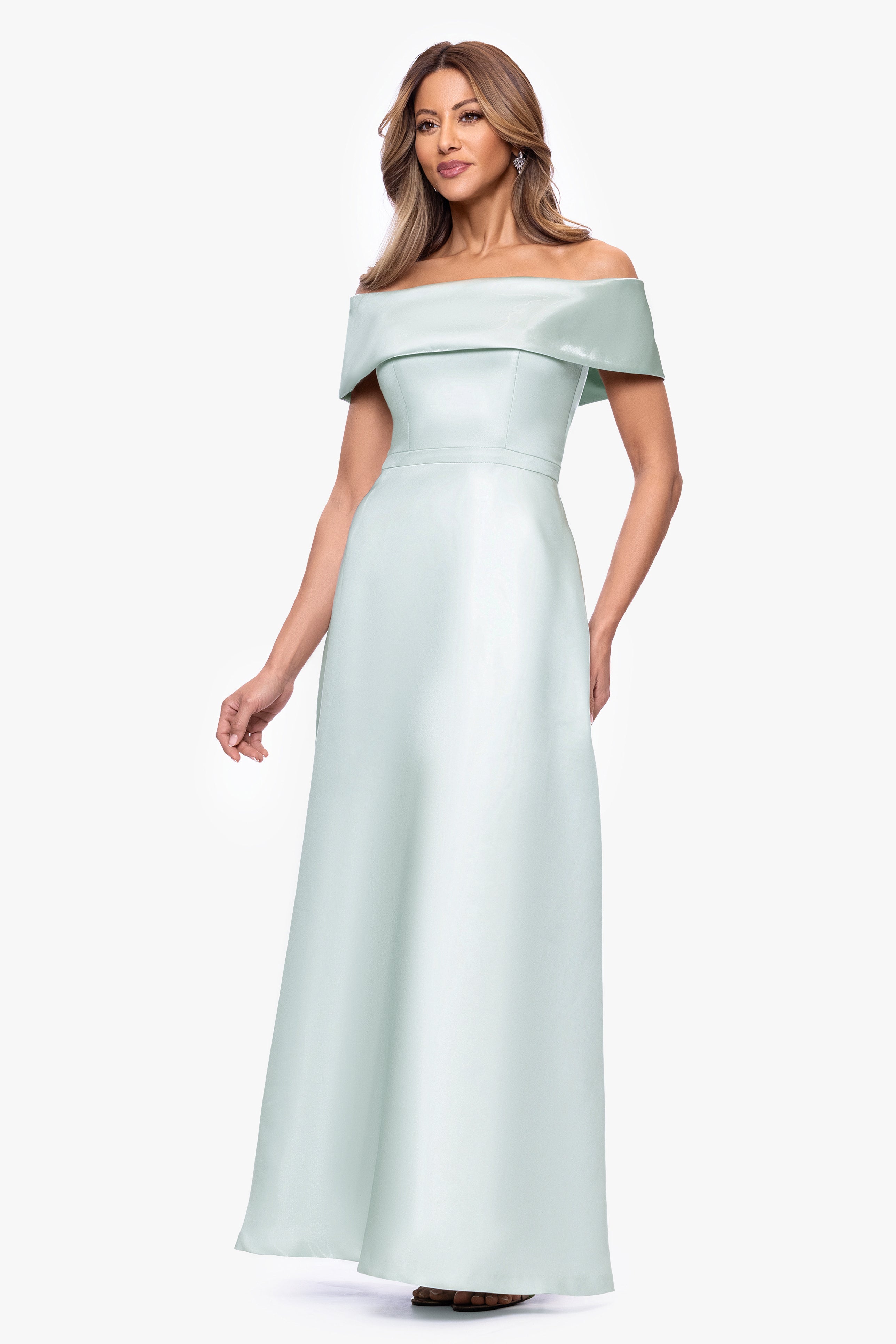 "Helena" Mikado Off The Shoulder Floor Length Dress