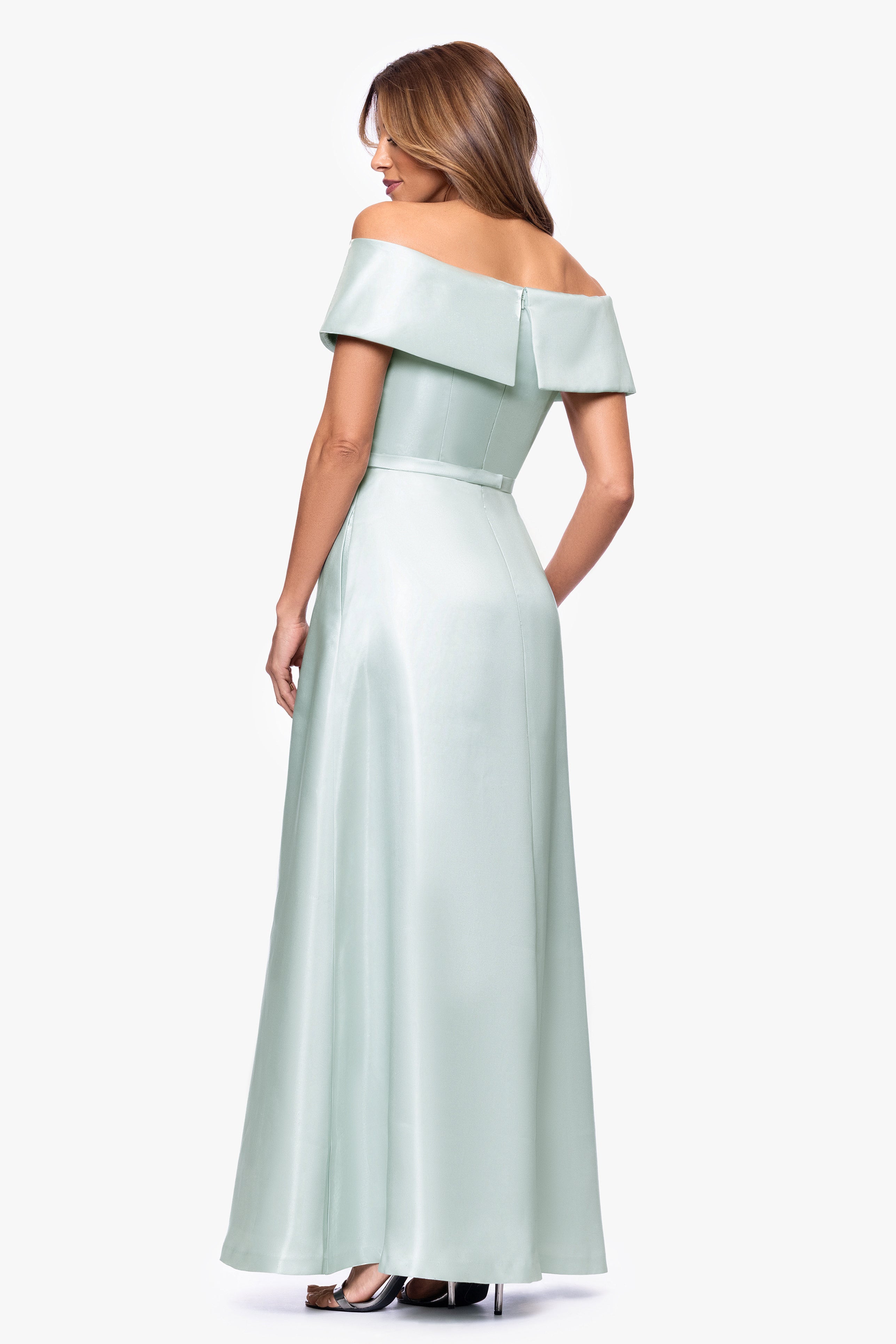 "Helena" Mikado Off The Shoulder Floor Length Dress