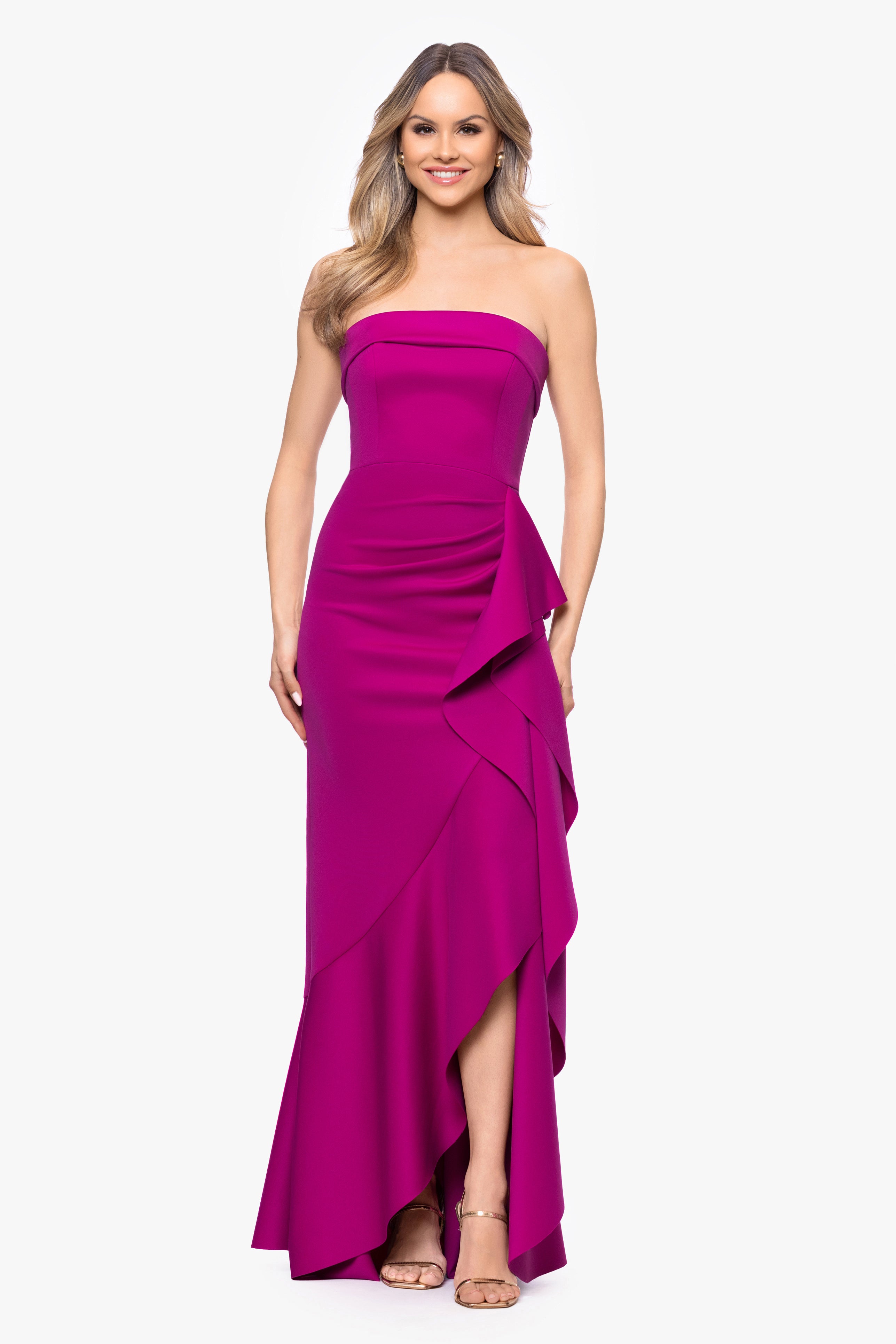 "Alicia" Techno Scuba Strapless Ruffle Long Dress
