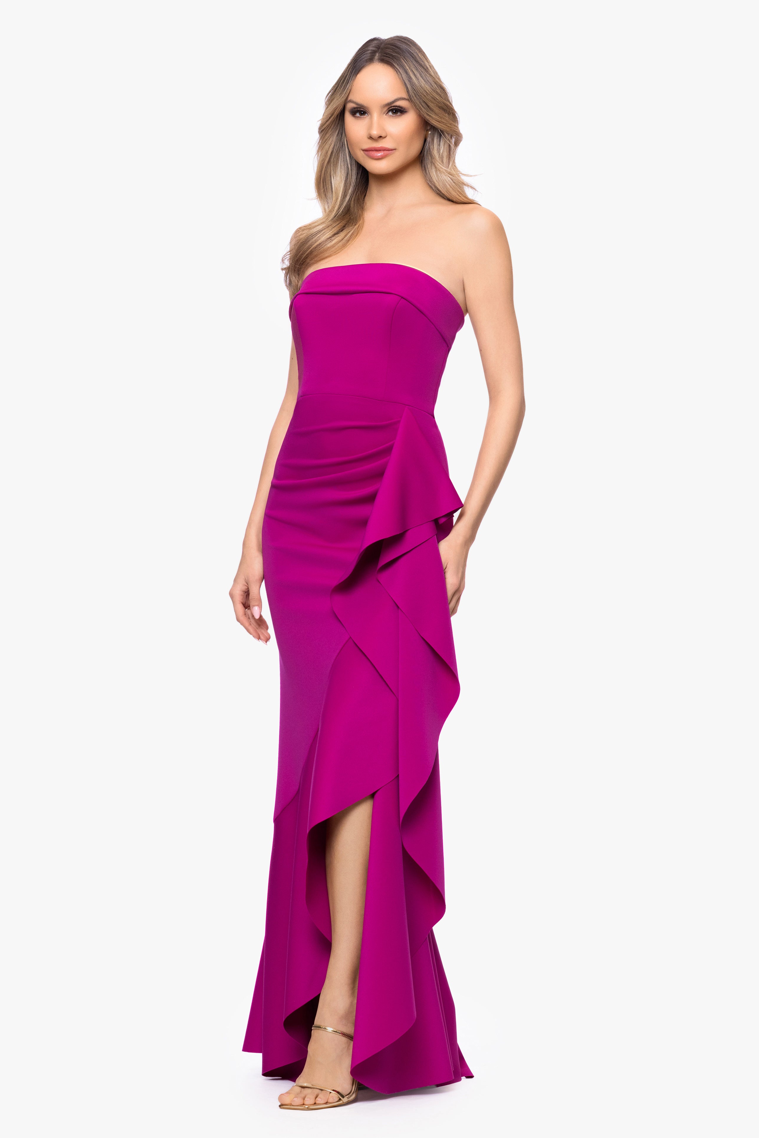 "Alicia" Techno Scuba Strapless Ruffle Long Dress