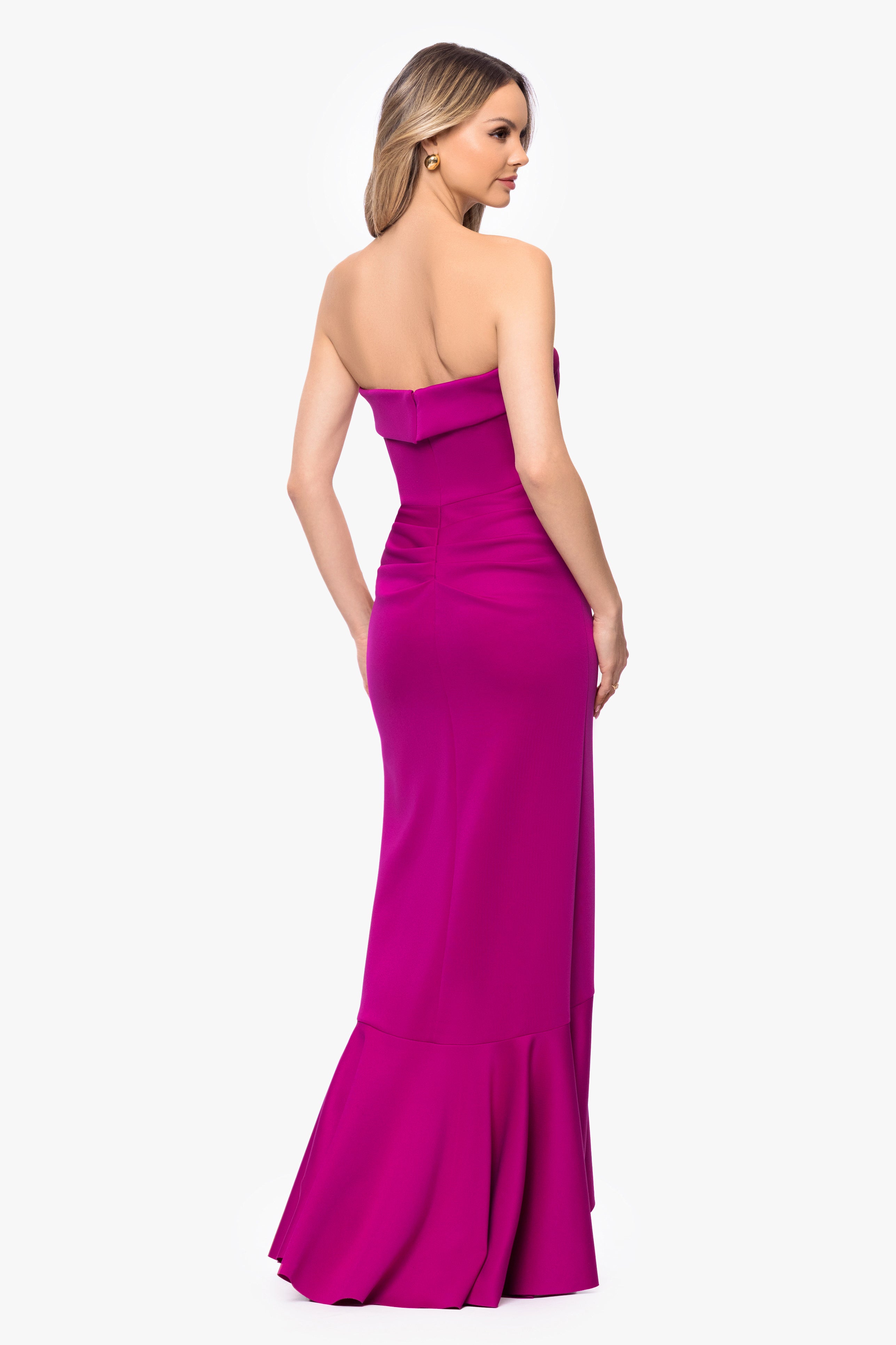 "Alicia" Techno Scuba Strapless Ruffle Long Dress