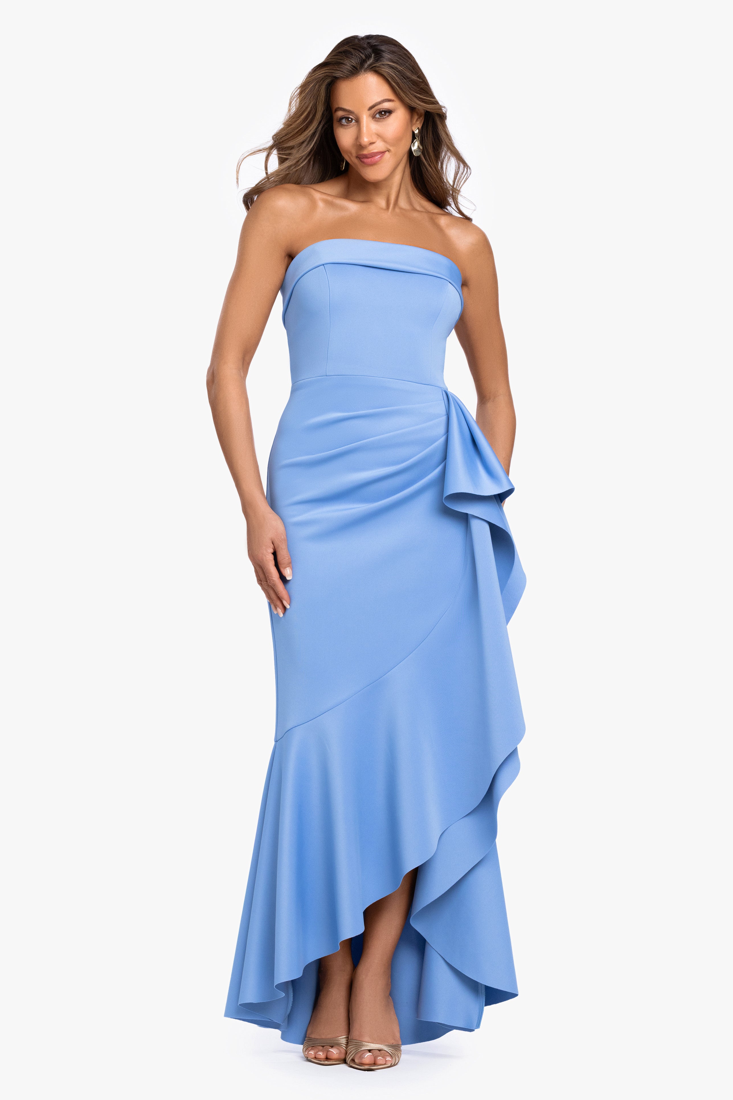 "Alicia" Techno Scuba Strapless Ruffle Long Dress
