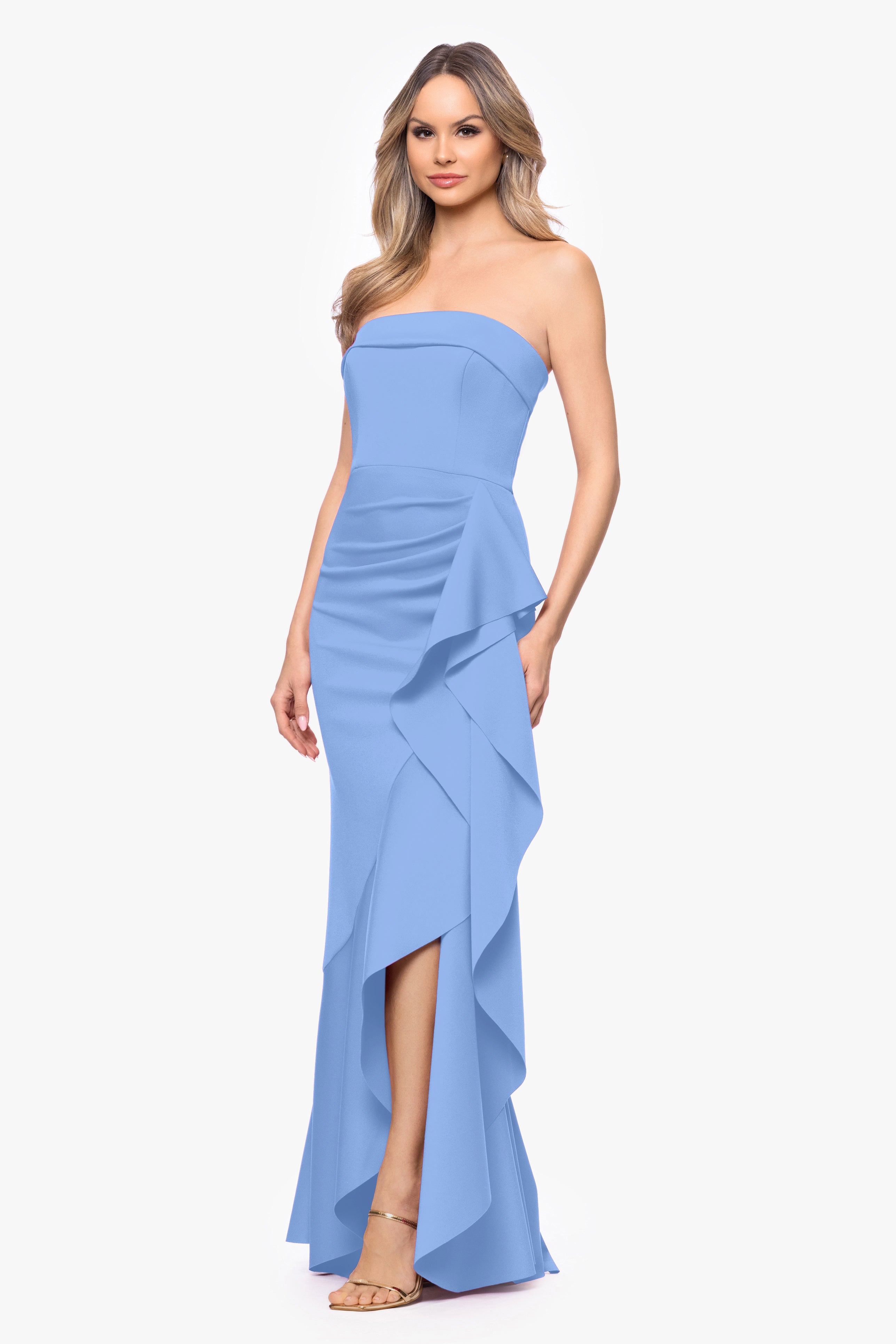 "Alicia" Techno Scuba Strapless Ruffle Long Dress
