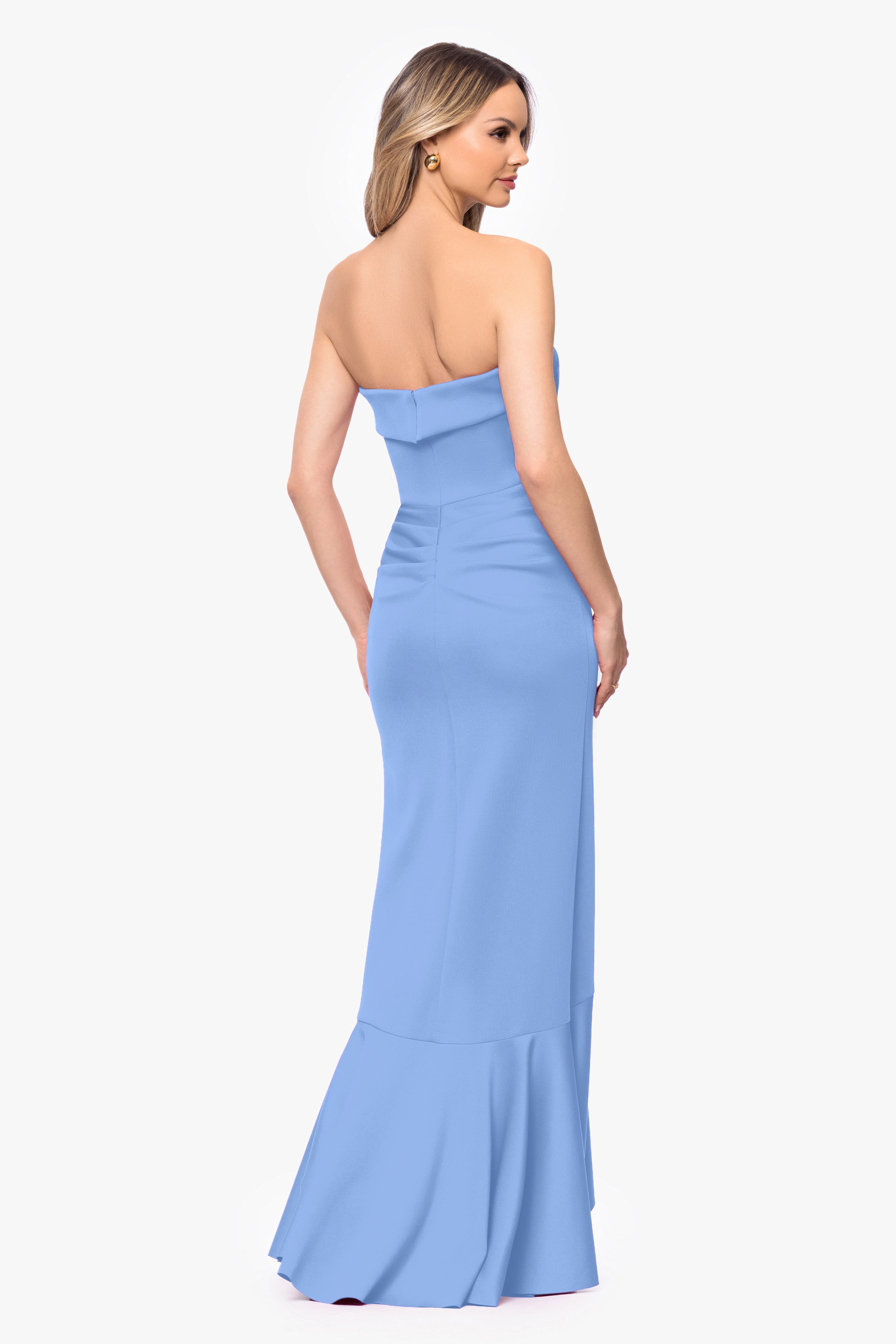 "Alicia" Techno Scuba Strapless Ruffle Long Dress