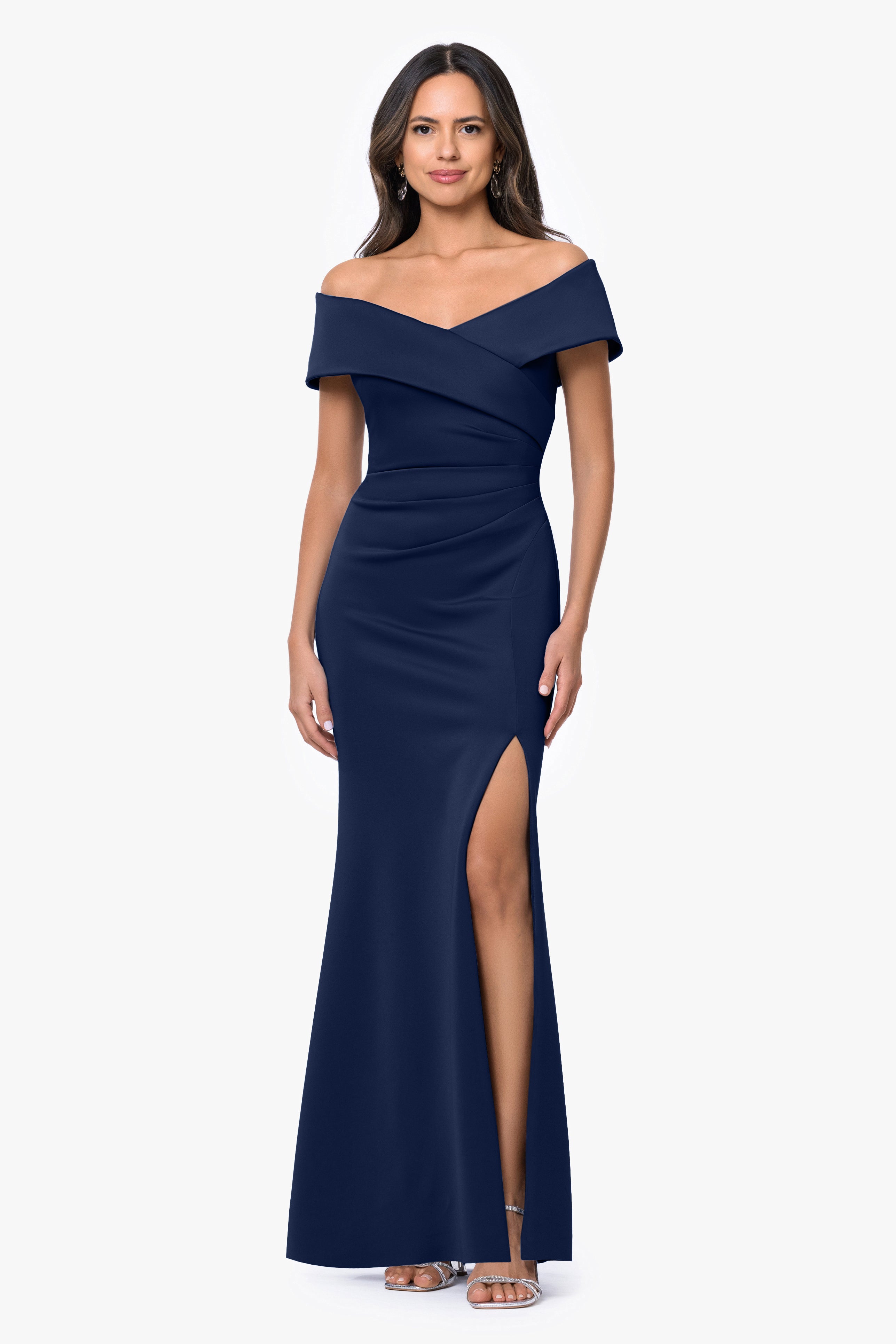 "Faye" Techno Scuba Pleated Rouche Long Dress