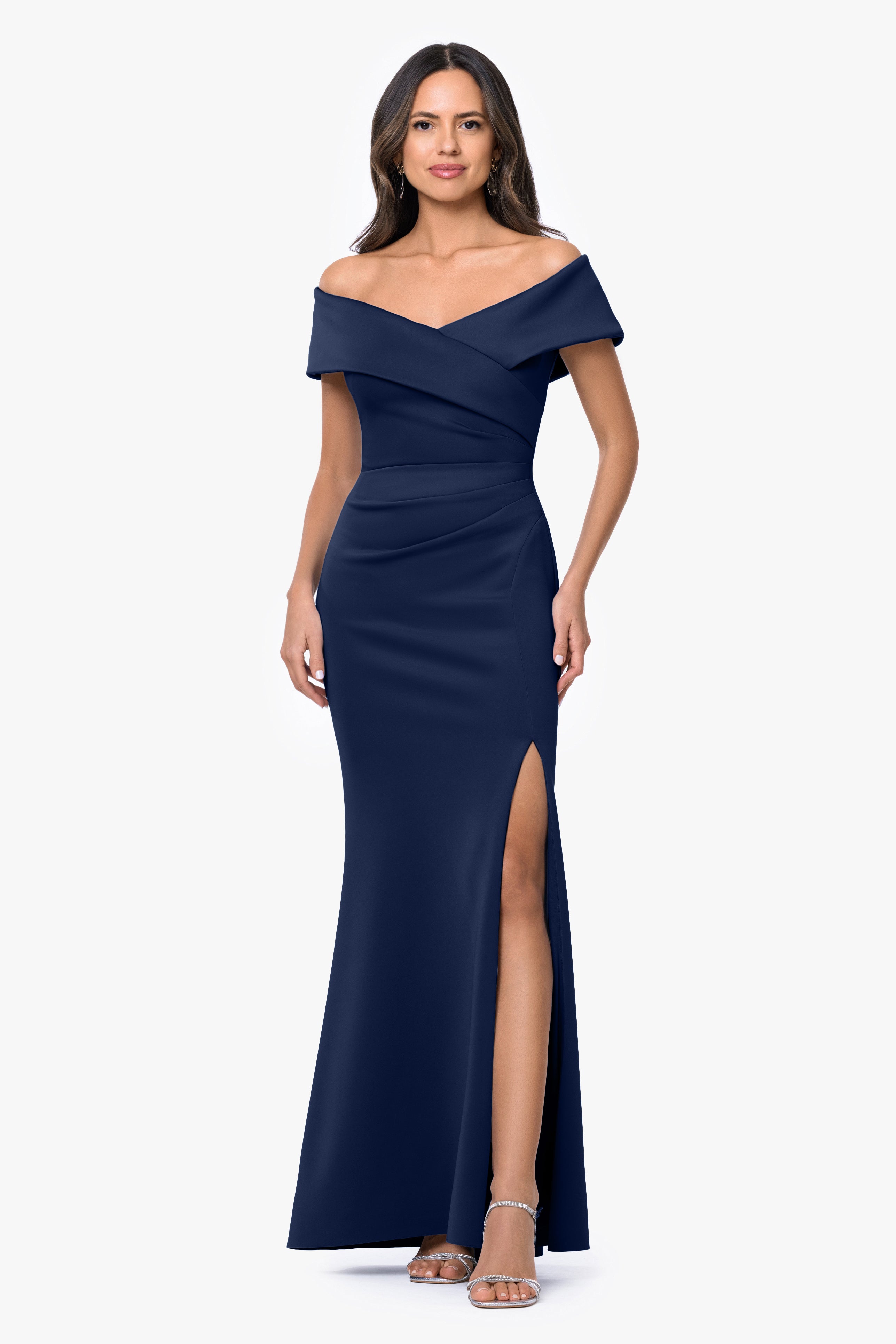 "Faye" Techno Scuba Pleated Rouche Long Dress