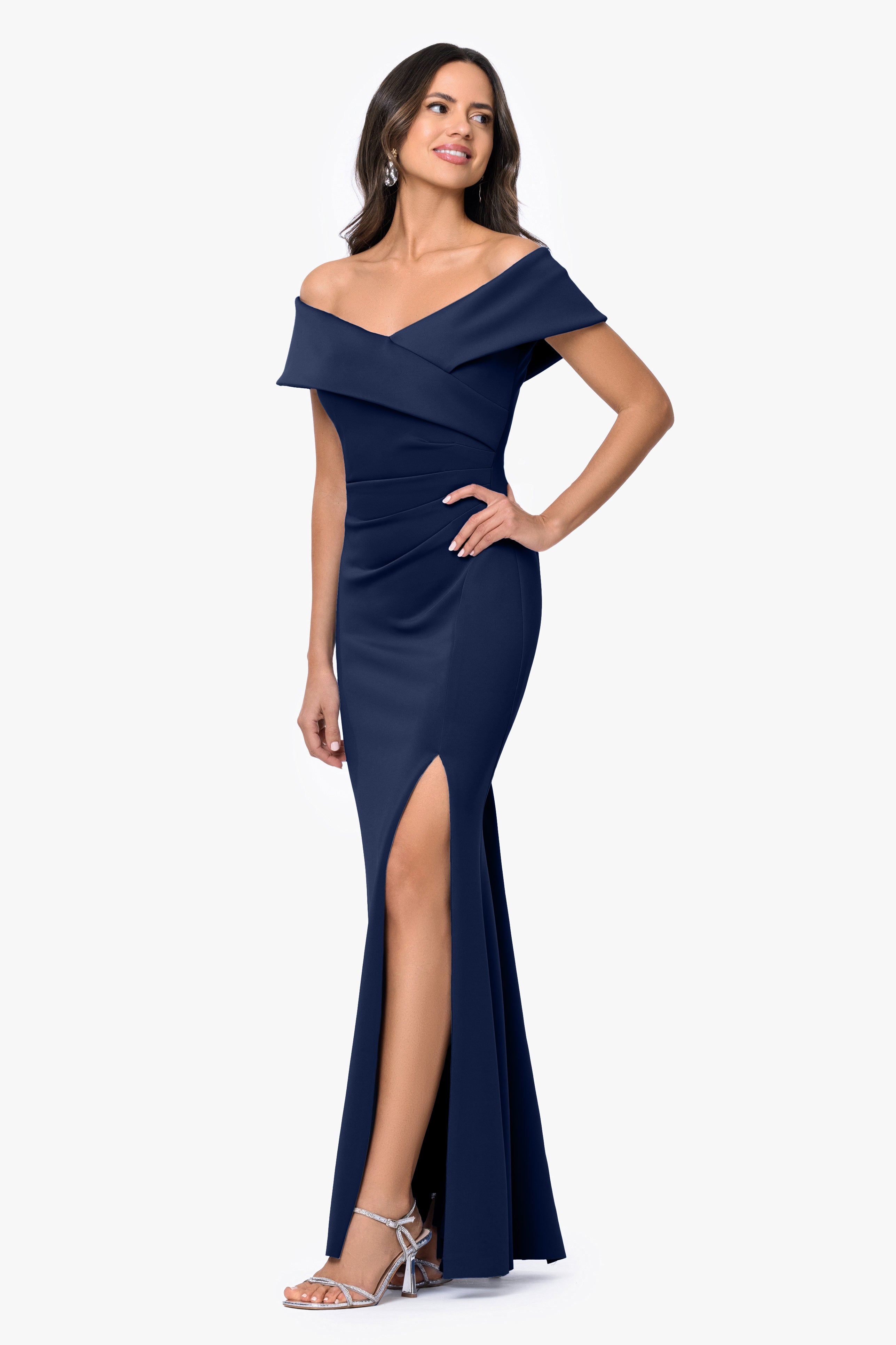 "Faye" Techno Scuba Pleated Rouche Long Dress