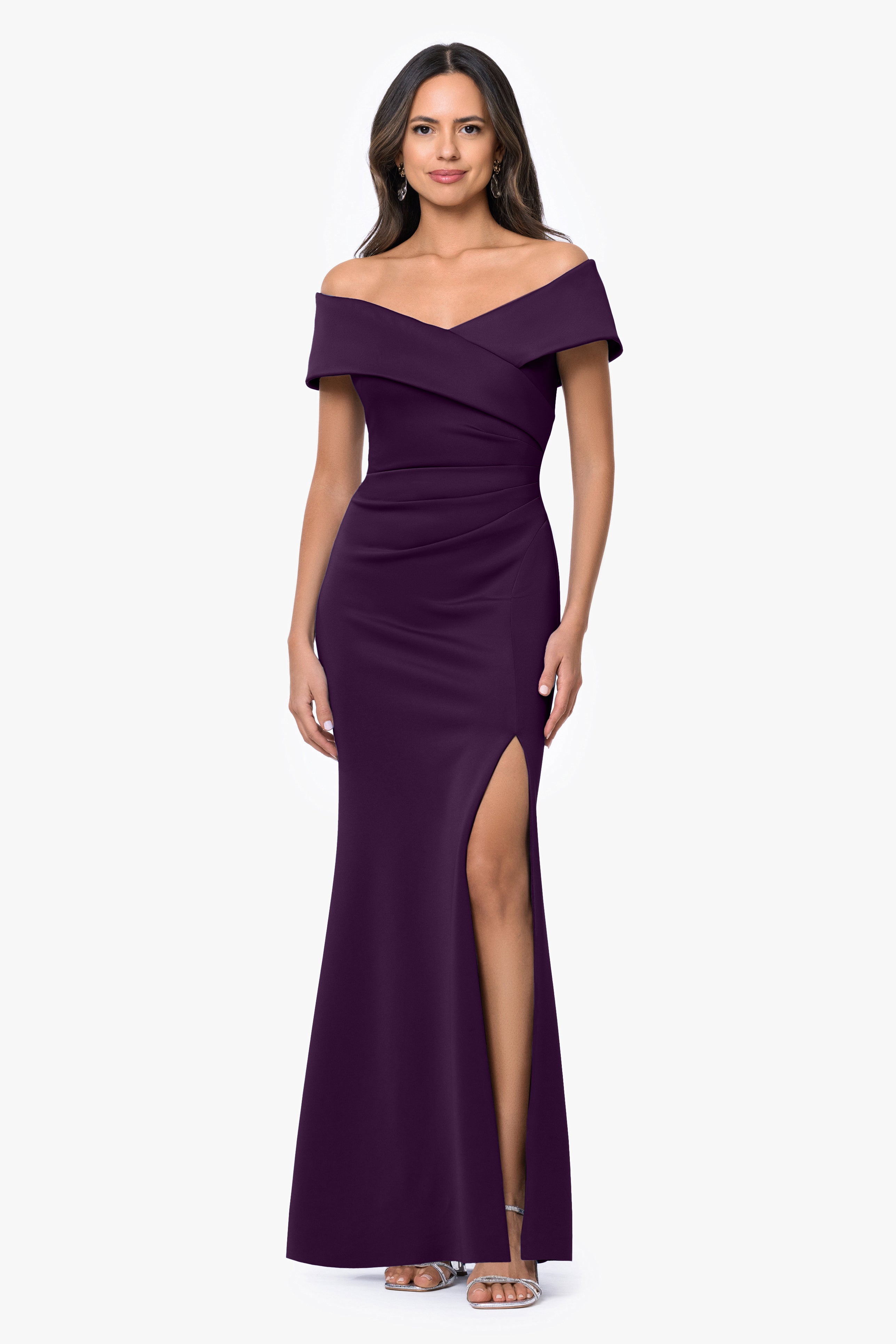 "Faye" Techno Scuba Pleated Rouche Long Dress