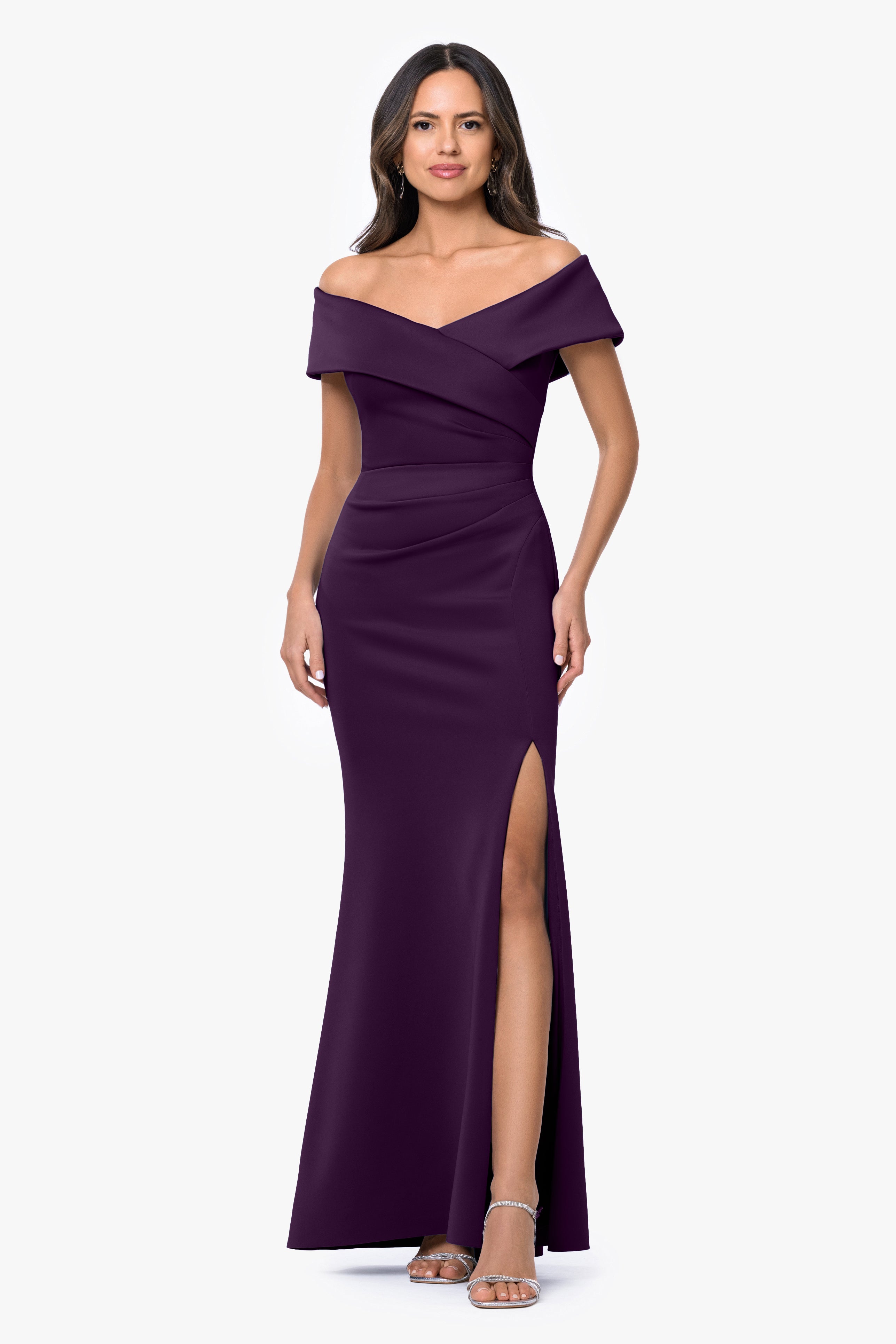 "Faye" Techno Scuba Pleated Rouche Long Dress