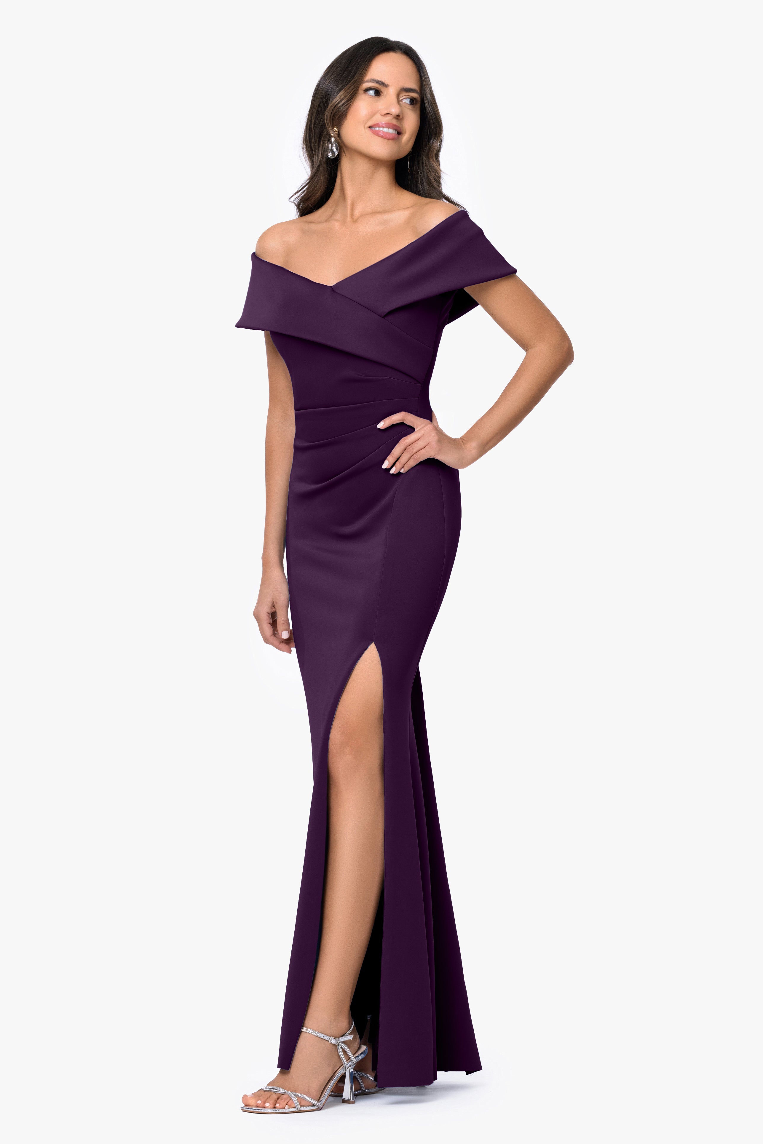 "Faye" Techno Scuba Pleated Rouche Long Dress