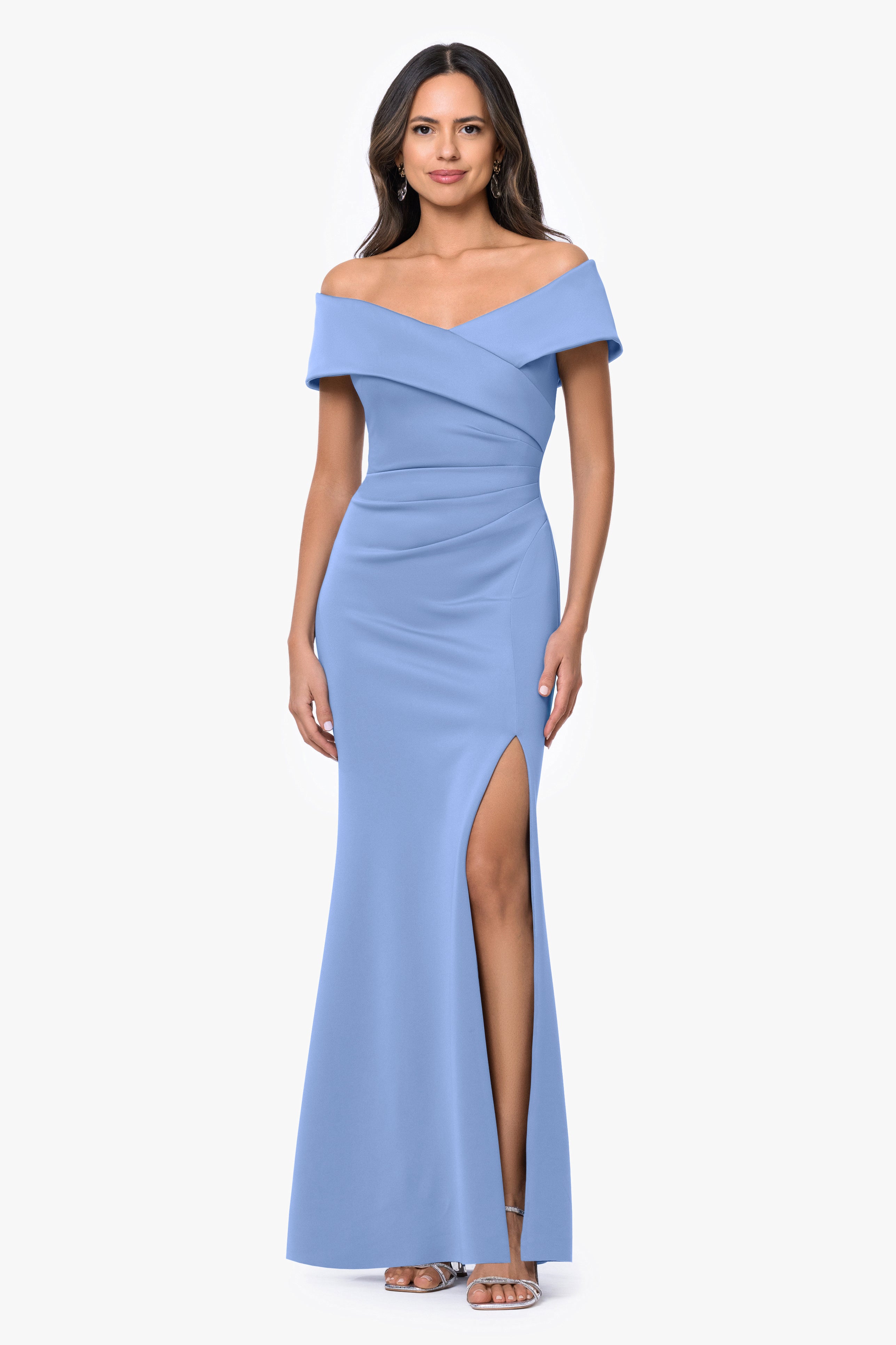 "Faye" Techno Scuba Pleated Rouche Long Dress