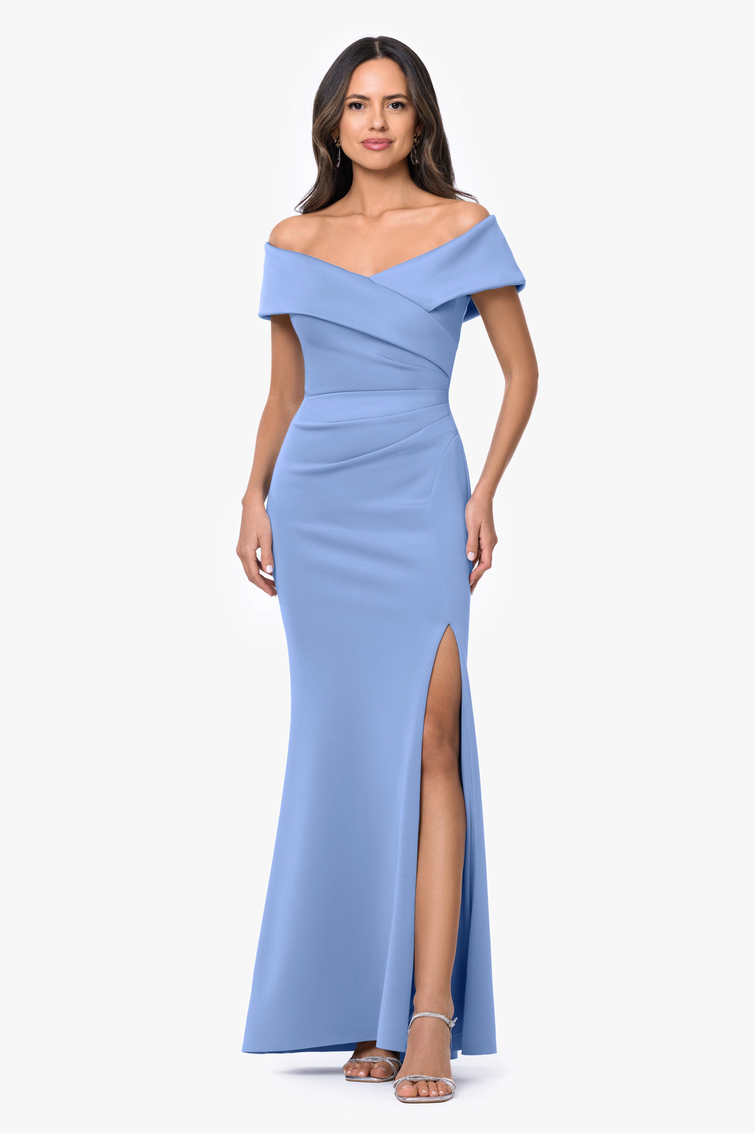 "Faye" Techno Scuba Pleated Rouche Long Dress