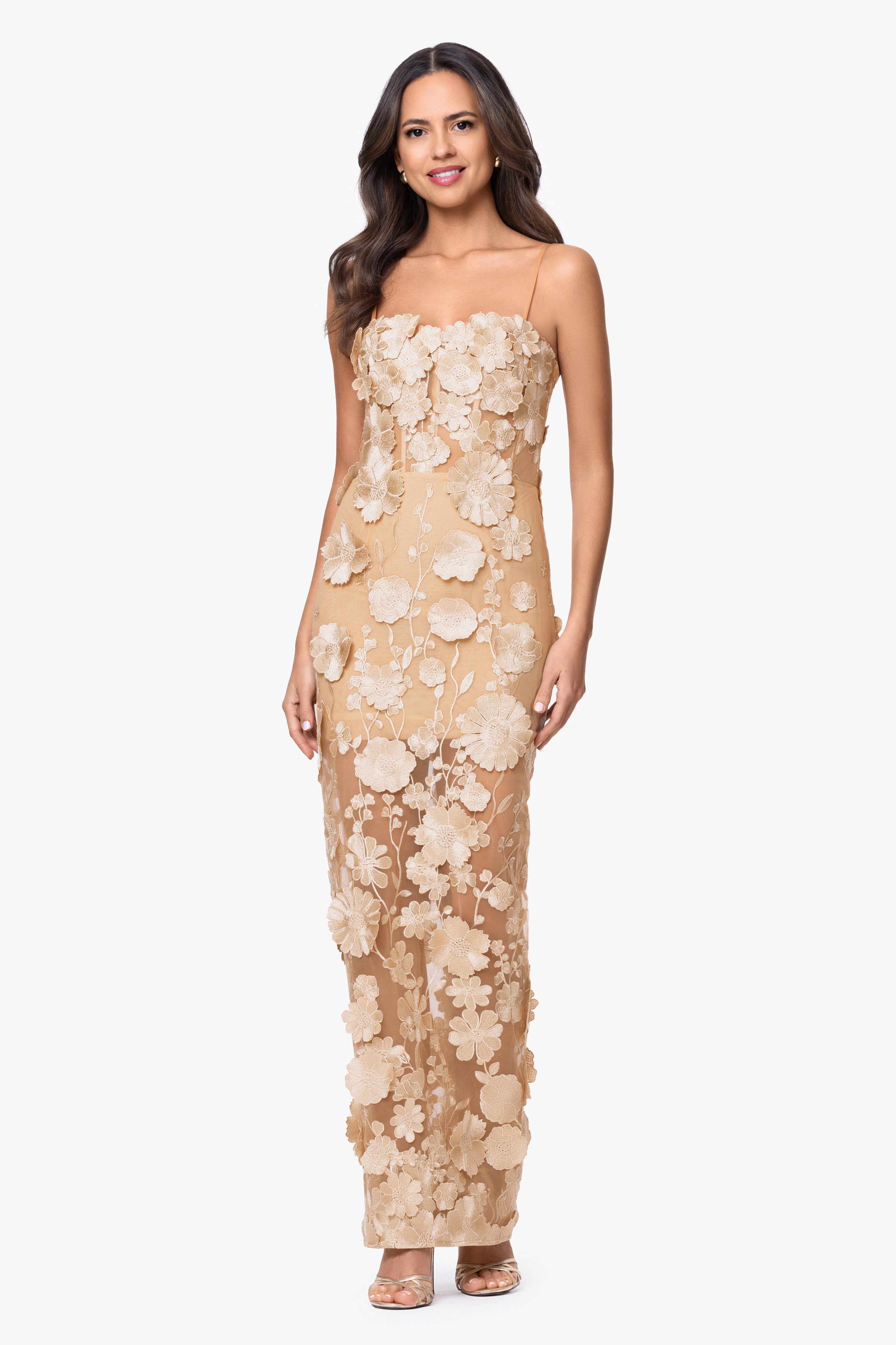 "Zoey" 3D Embellished Spaghetti Floor Length Dress