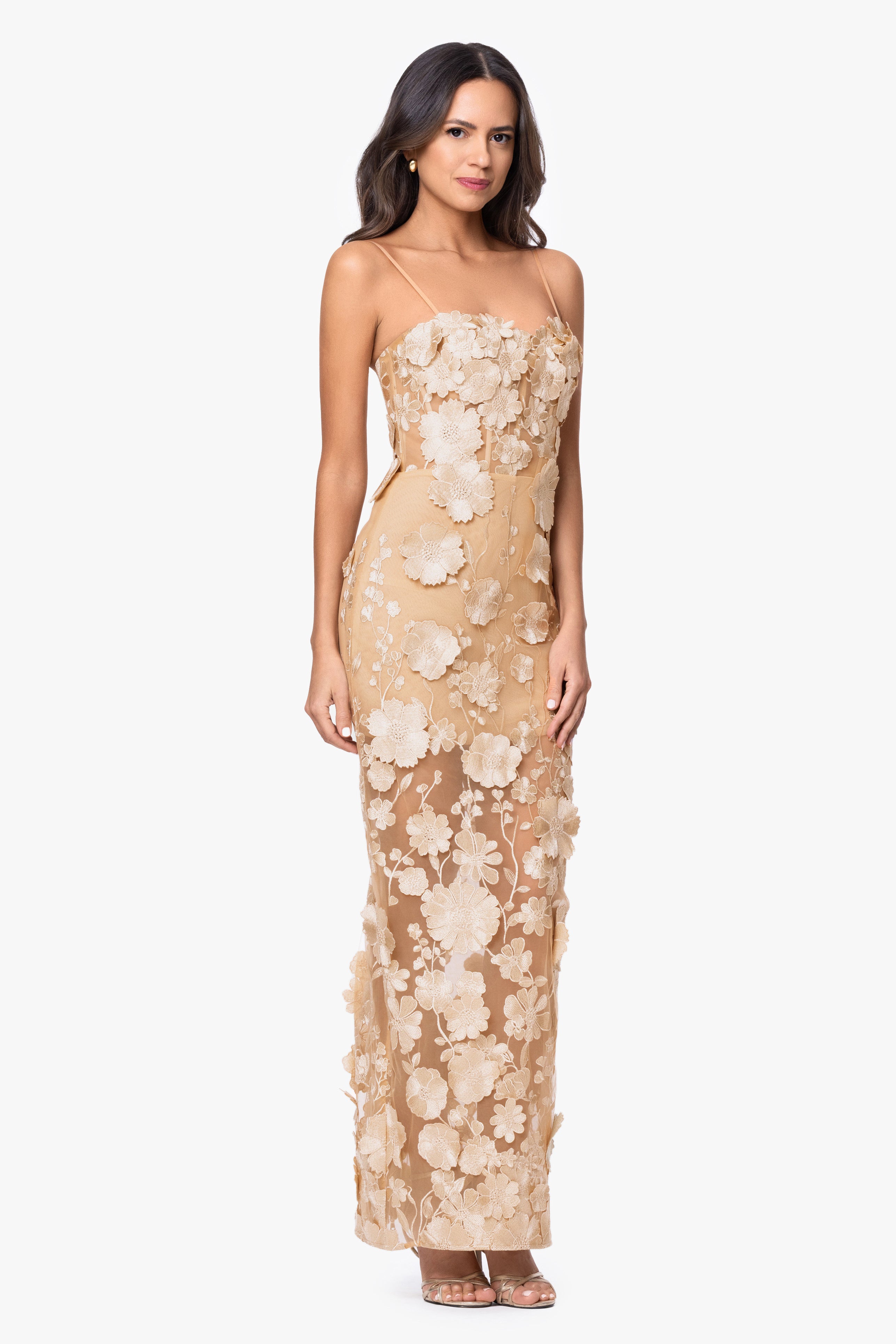 "Zoey" 3D Embellished Spaghetti Floor Length Dress