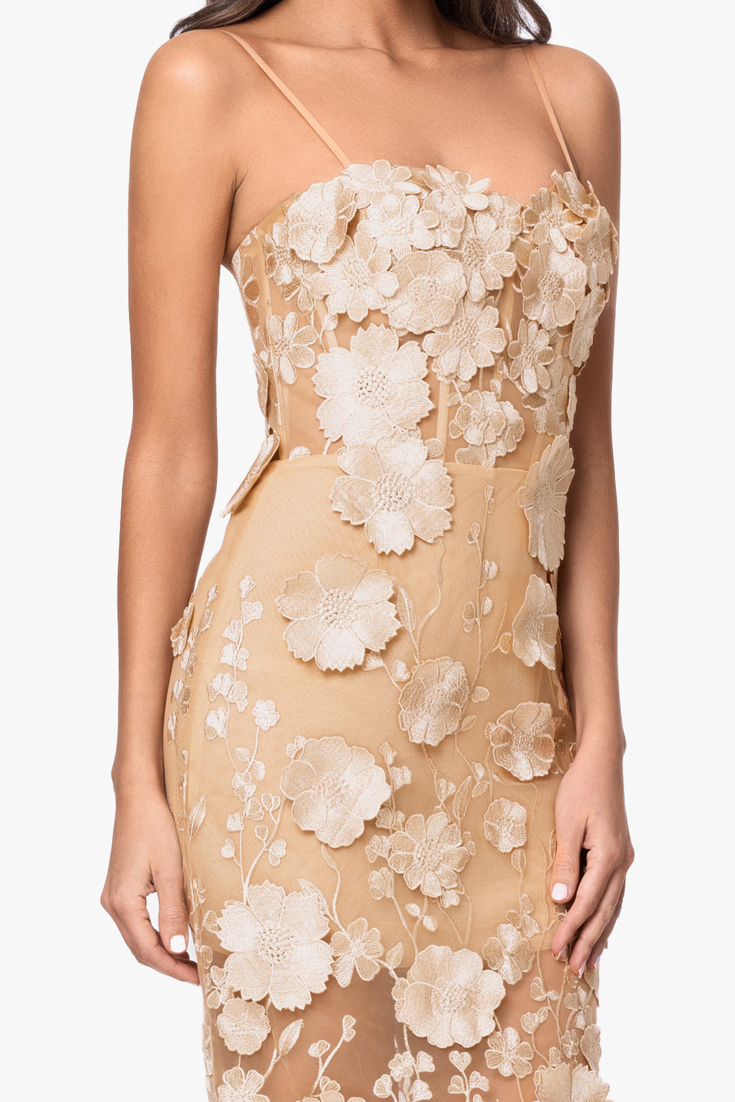 "Zoey" 3D Embellished Spaghetti Floor Length Dress