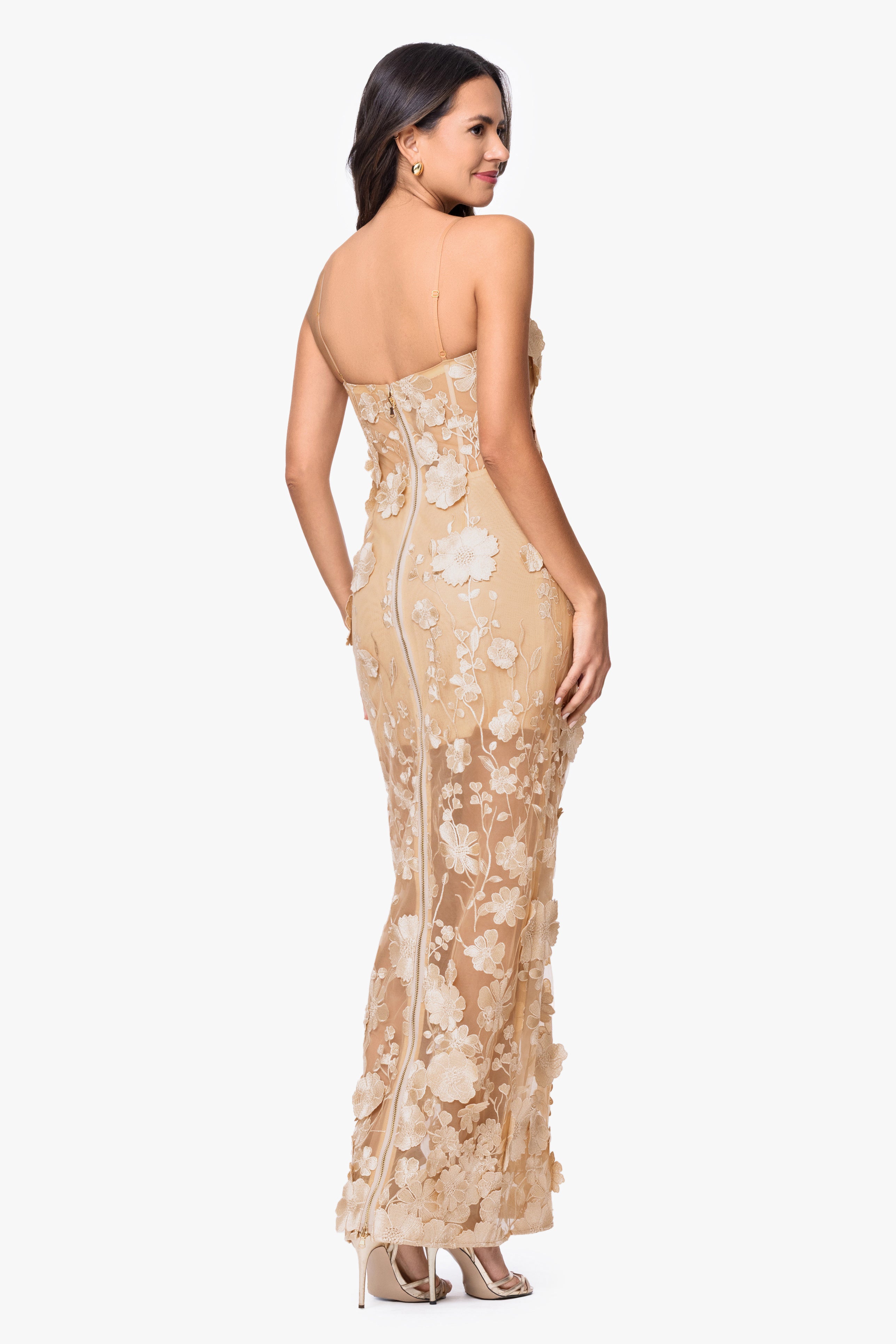 "Zoey" 3D Embellished Spaghetti Floor Length Dress