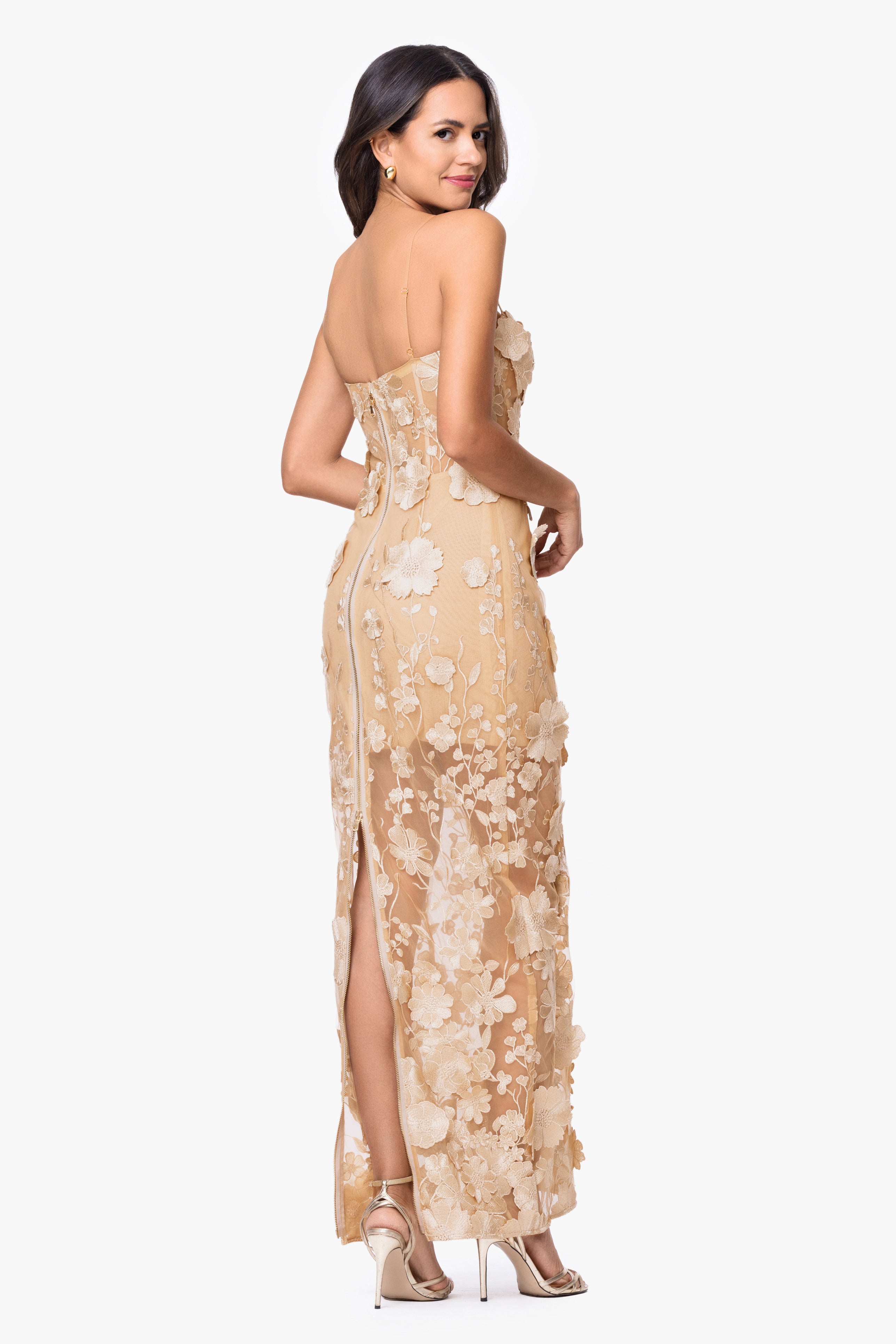 "Zoey" 3D Embellished Spaghetti Floor Length Dress