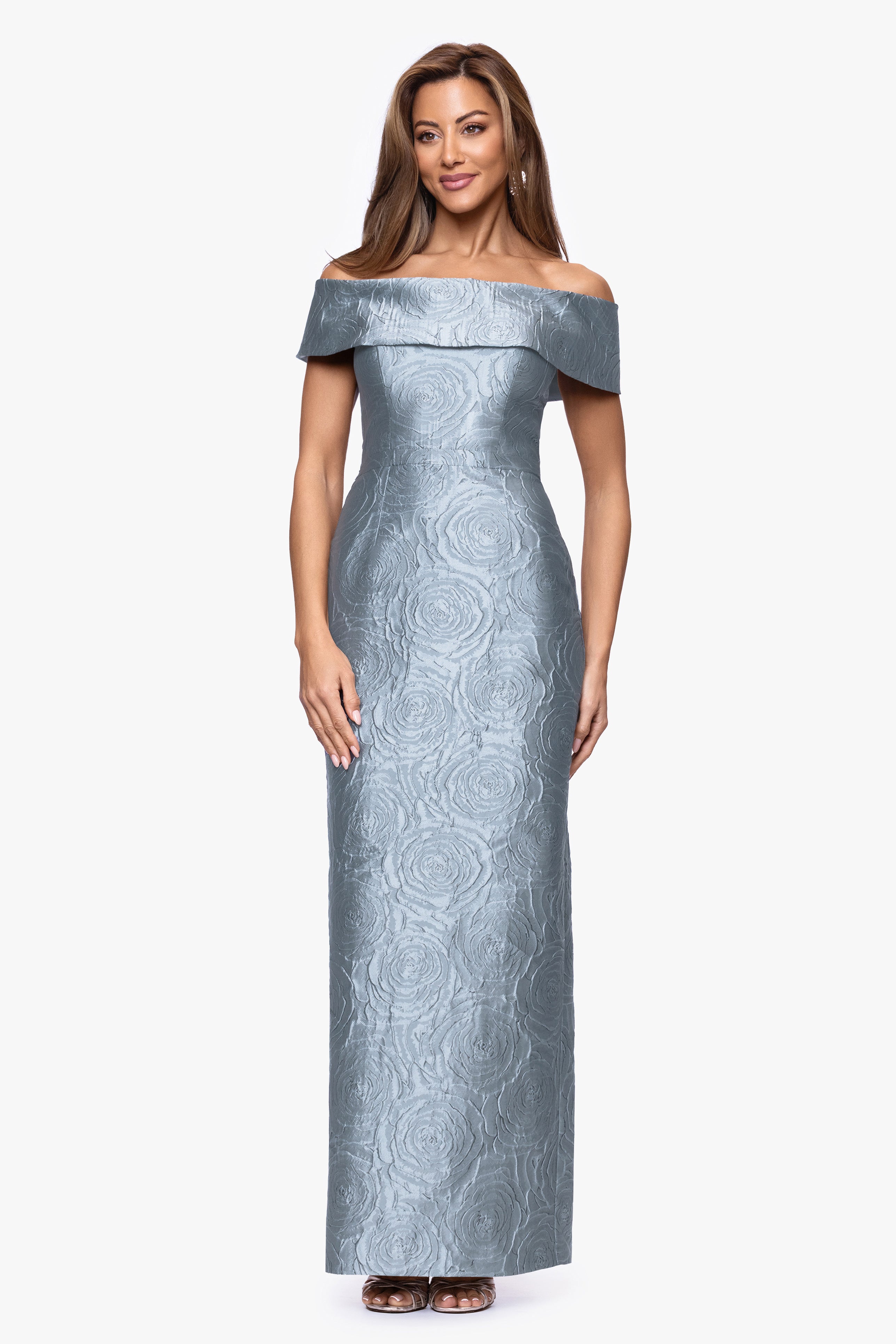 "Barbara" Jacquard Off the Shoulder Floor Length Dress