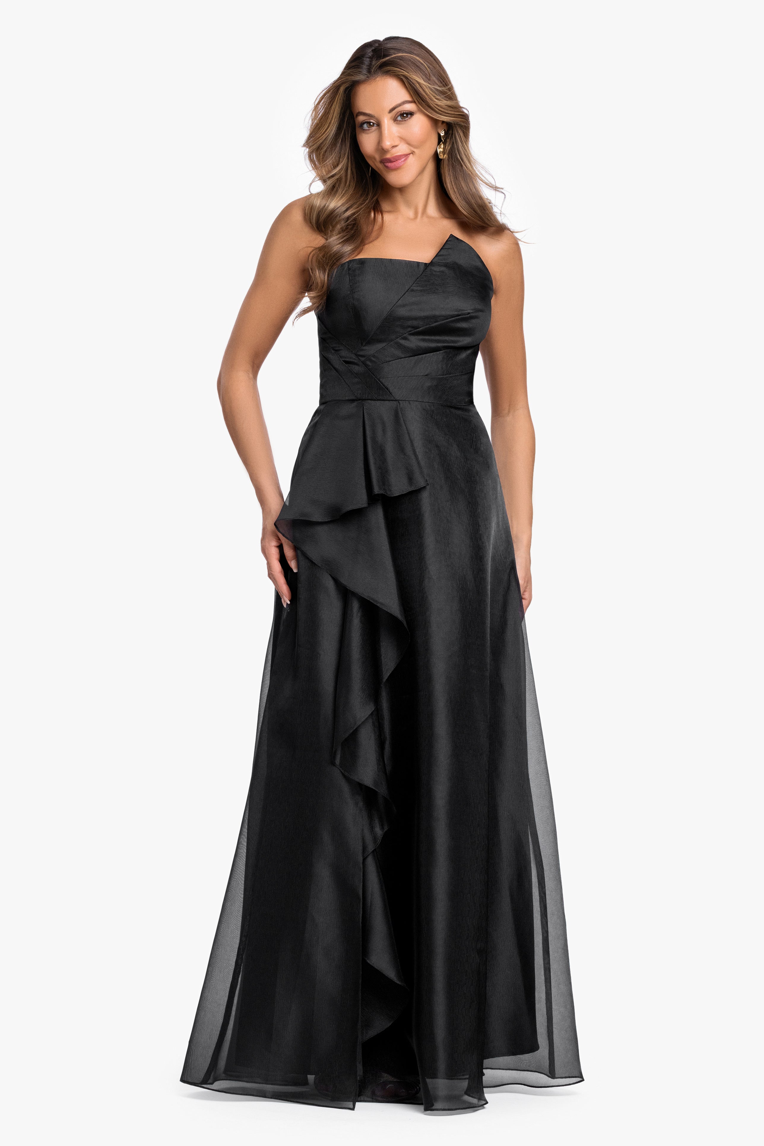 "Delaney" Metallic Organza Strapless Asymmetrical Dress