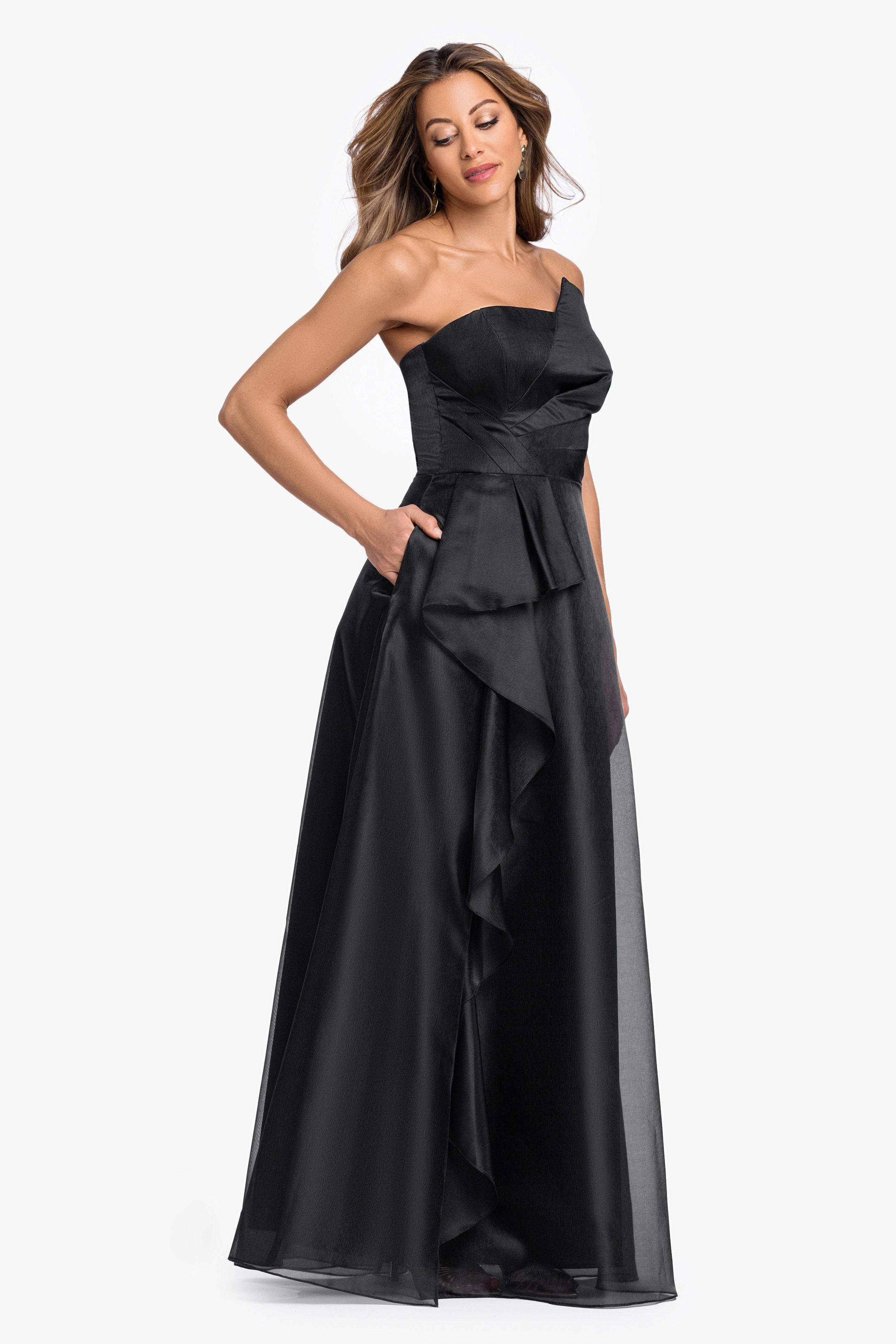"Delaney" Metallic Organza Strapless Asymmetrical Dress