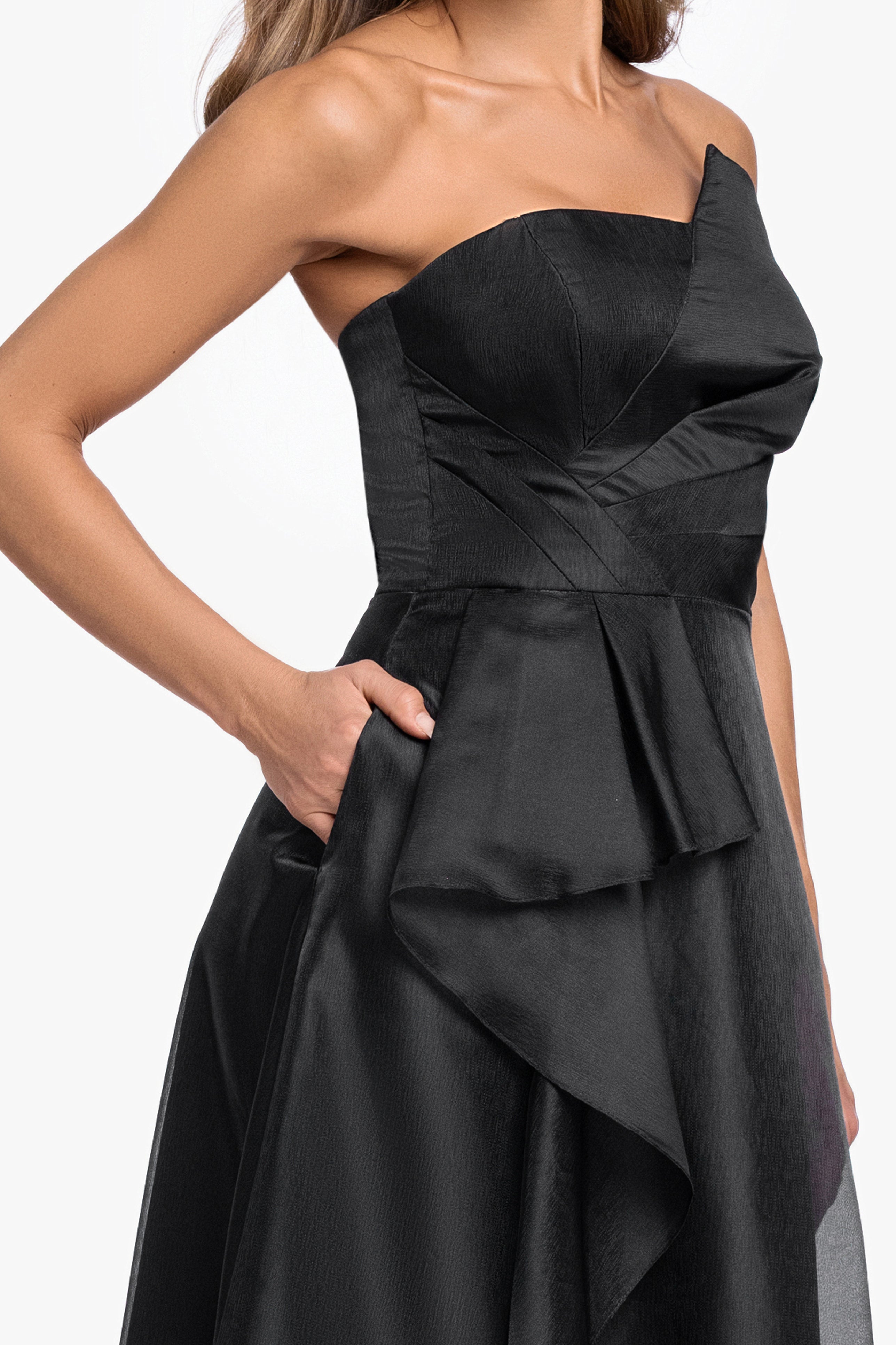 "Delaney" Metallic Organza Strapless Asymmetrical Dress
