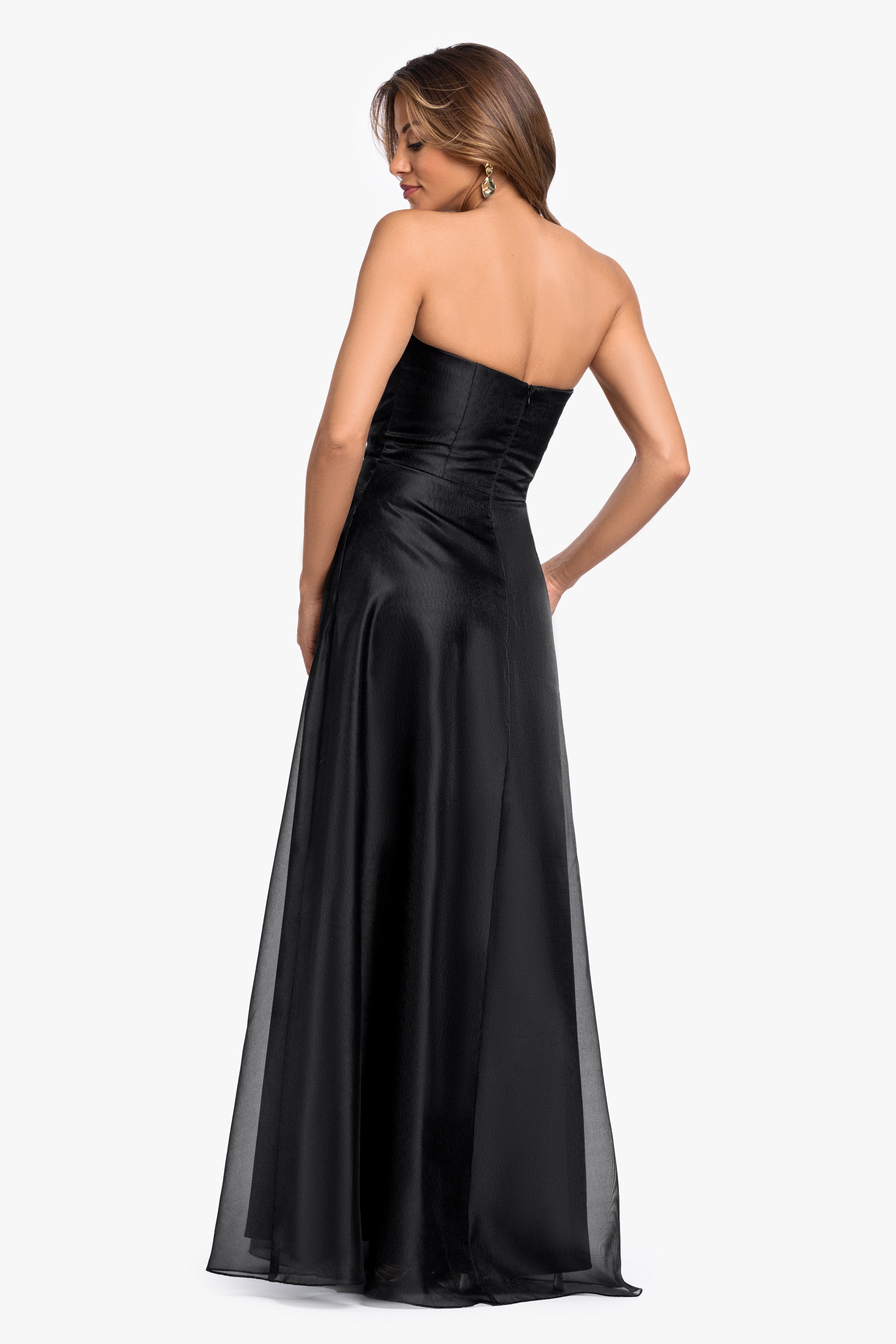 "Delaney" Metallic Organza Strapless Asymmetrical Dress