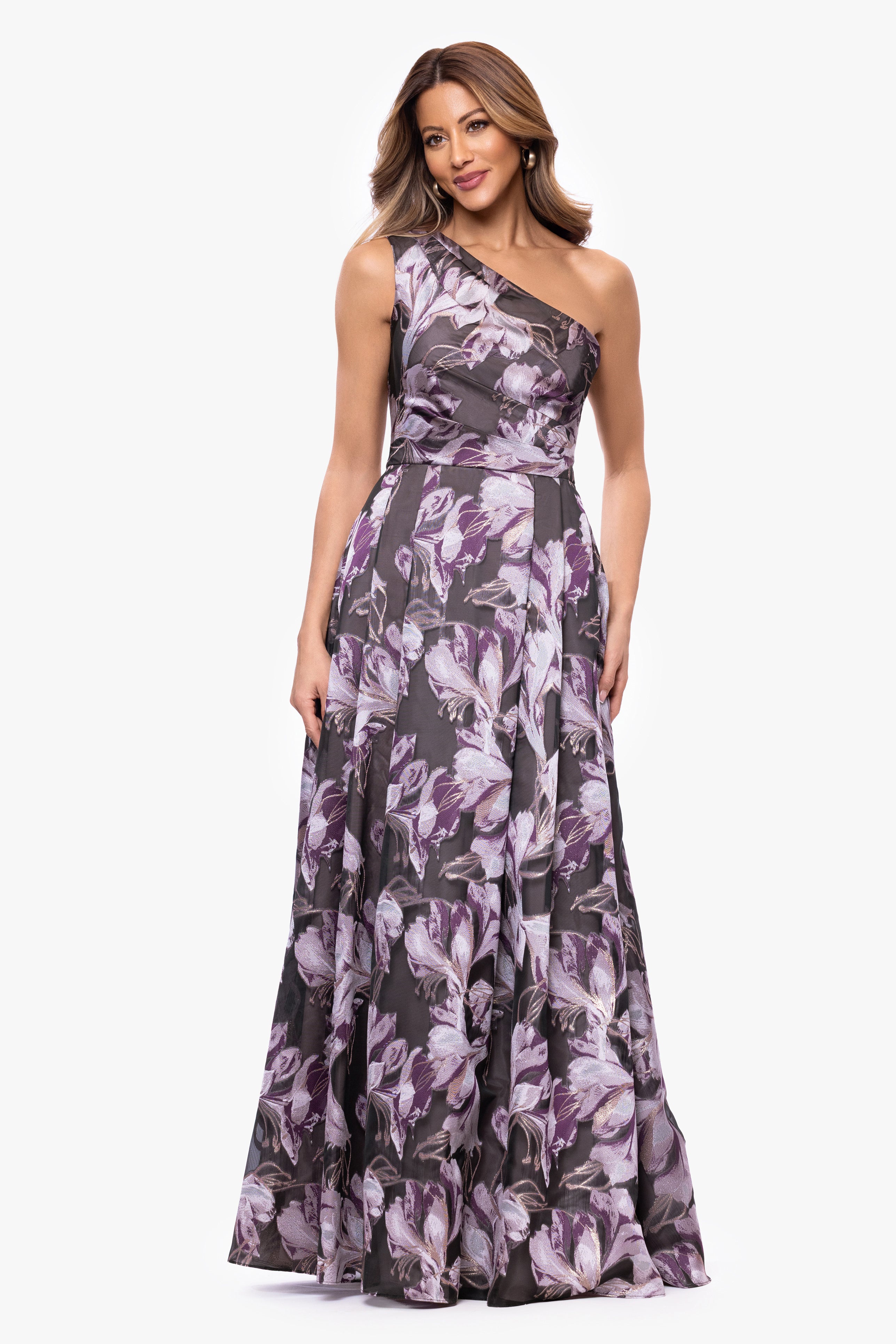 Petite "Lennon" Jacquard One Shoulder Floor Length Dress