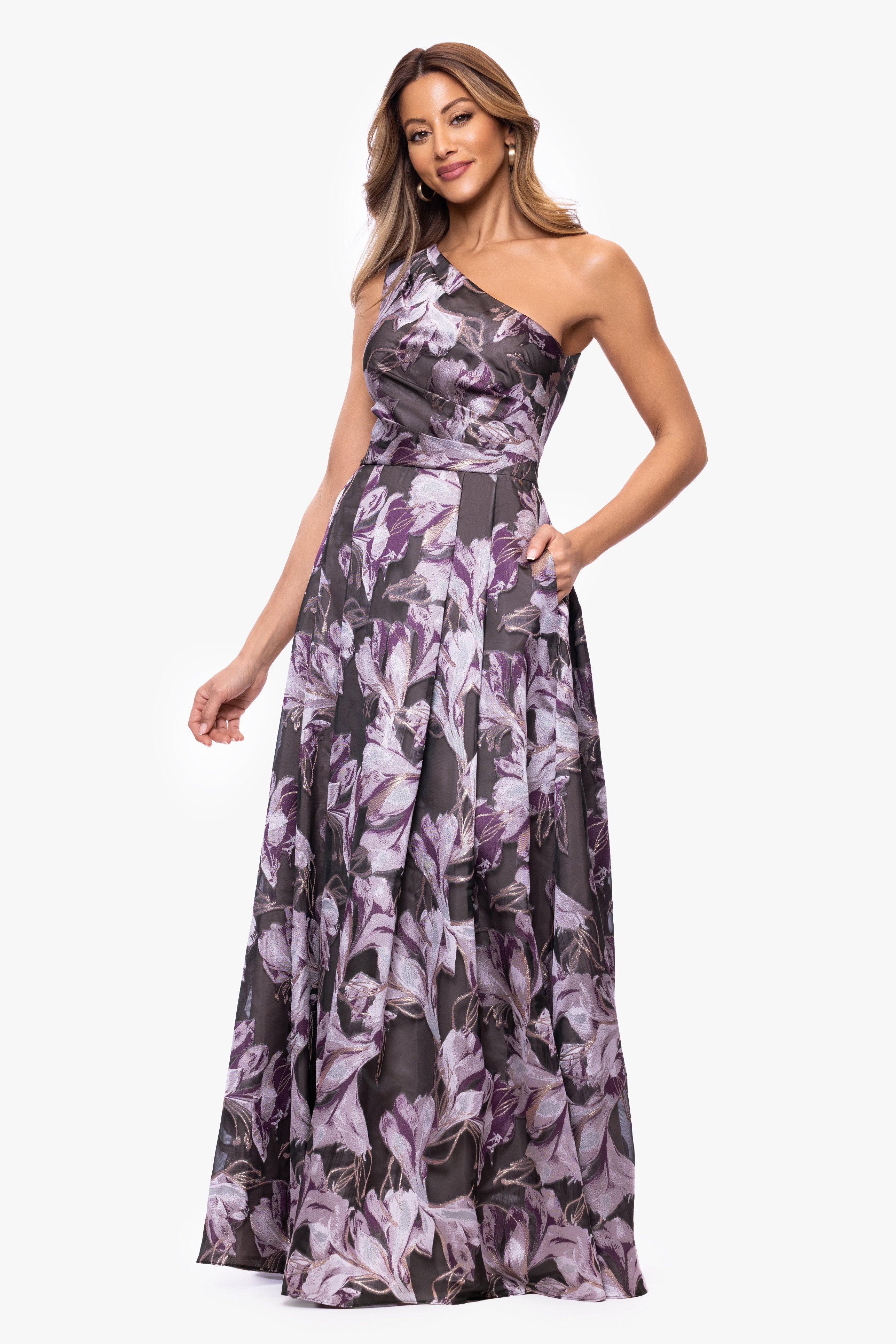 Petite "Lennon" Jacquard One Shoulder Floor Length Dress
