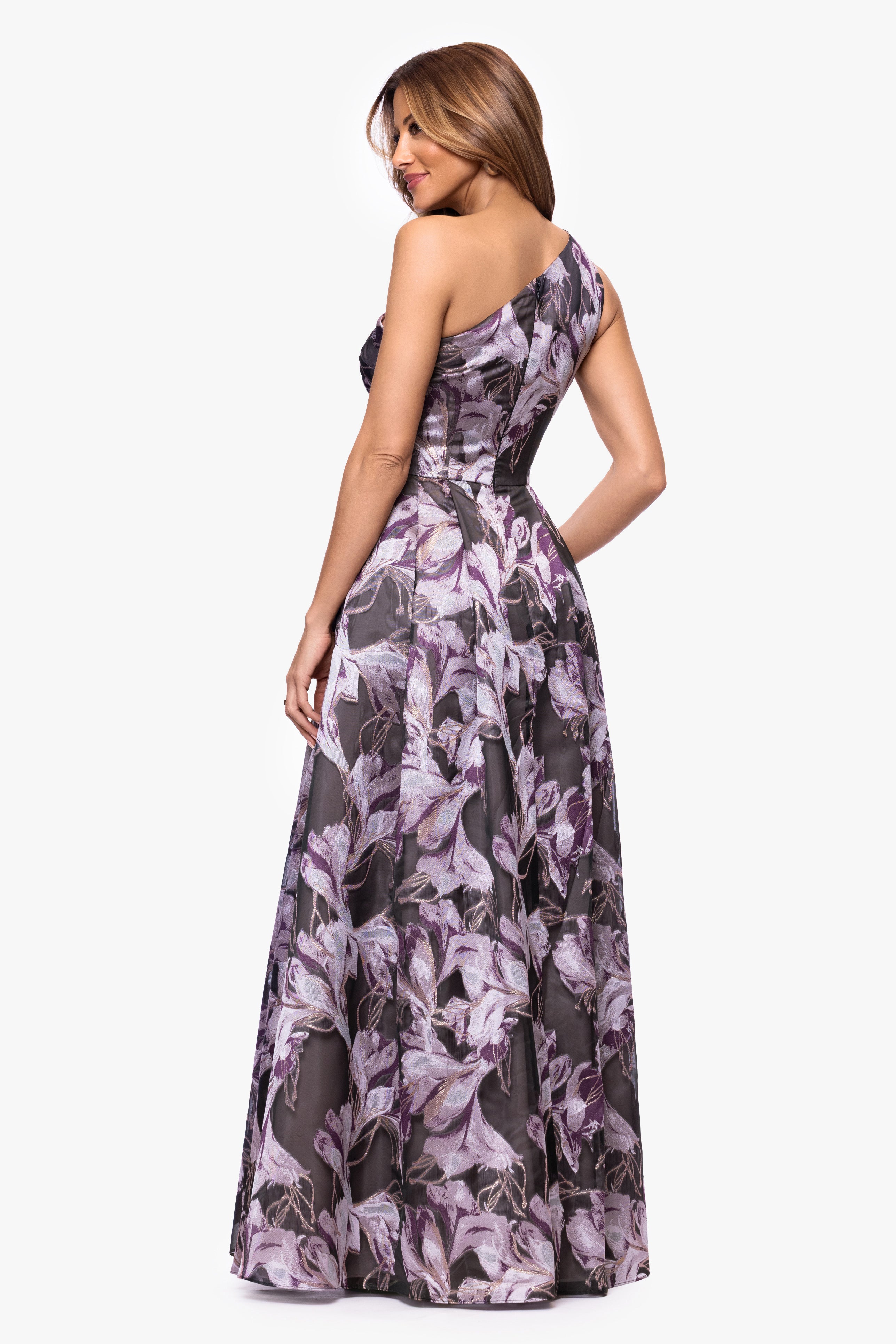 Petite "Lennon" Jacquard One Shoulder Floor Length Dress