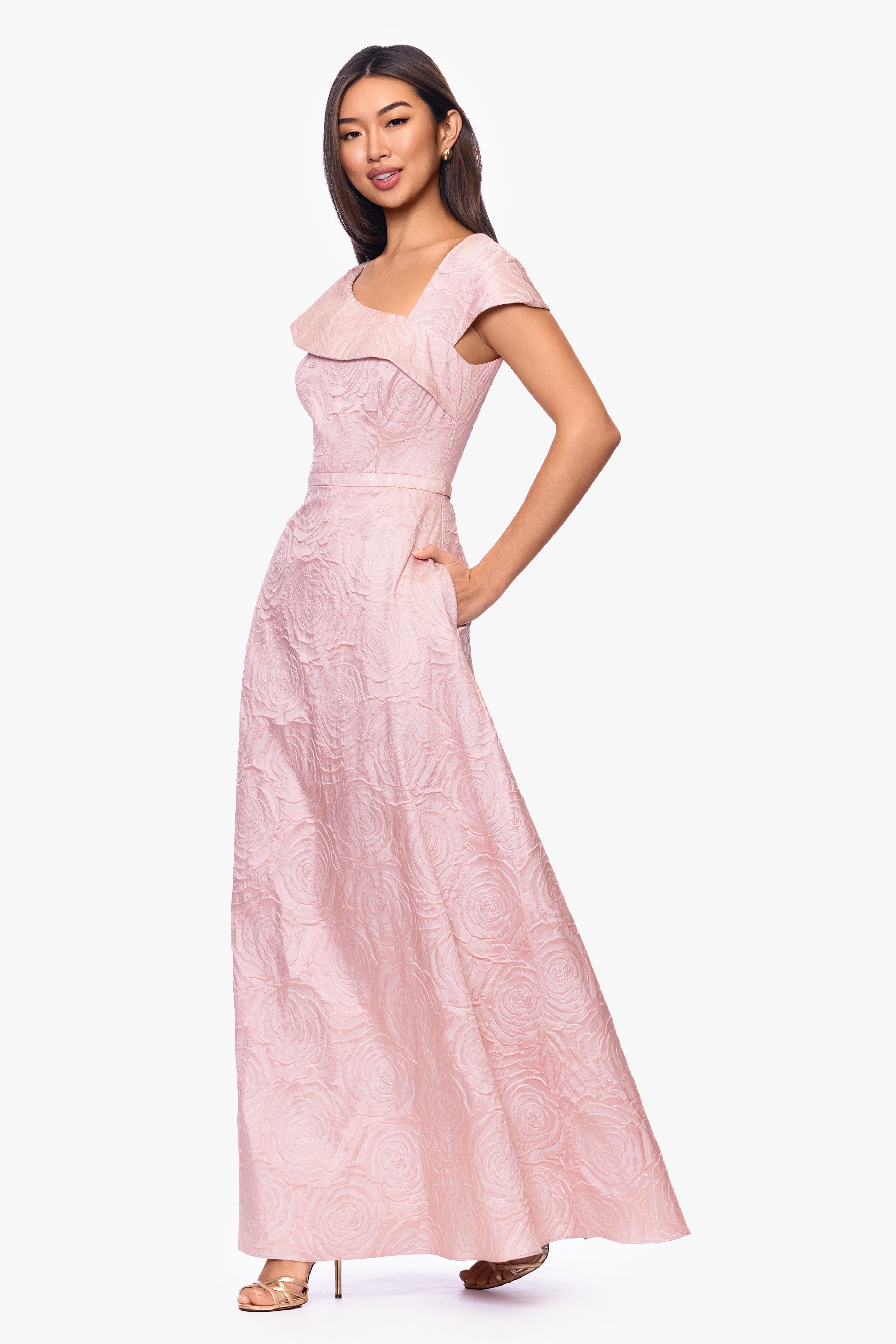 "Lorelai" Brocade Asymmetric Neck Floor Length Dress